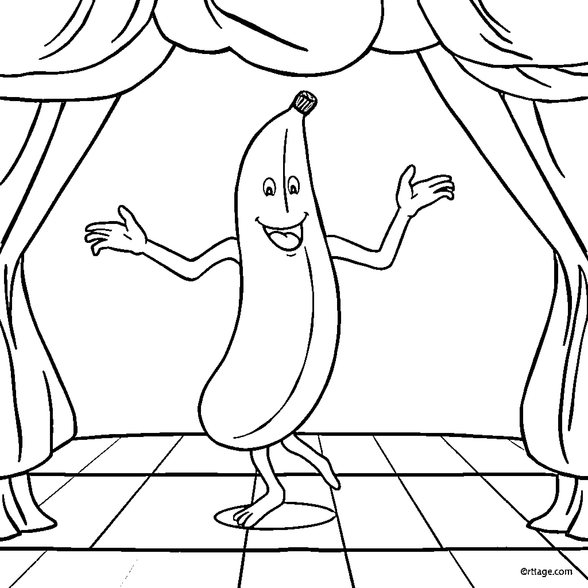 Banana character performing on stage Coloring Page (free black-and-white line drawing printable PDF for all, from beginners to advanced learners, including children, teens, adults, and seniors)