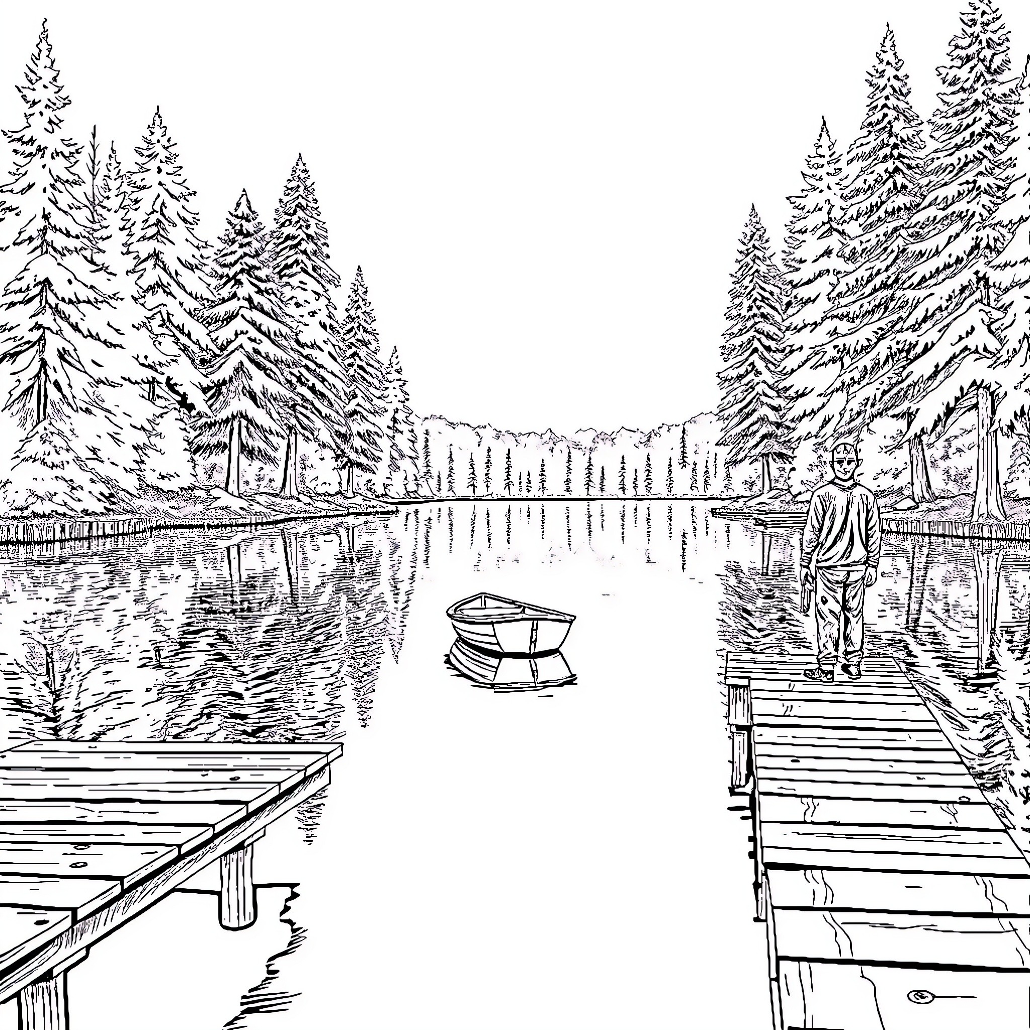 Lake with Snowy Pines and Dock Coloring Page (free black-and-white line drawing printable PDF for all, from beginners to advanced learners, including children, teens, adults, and seniors)