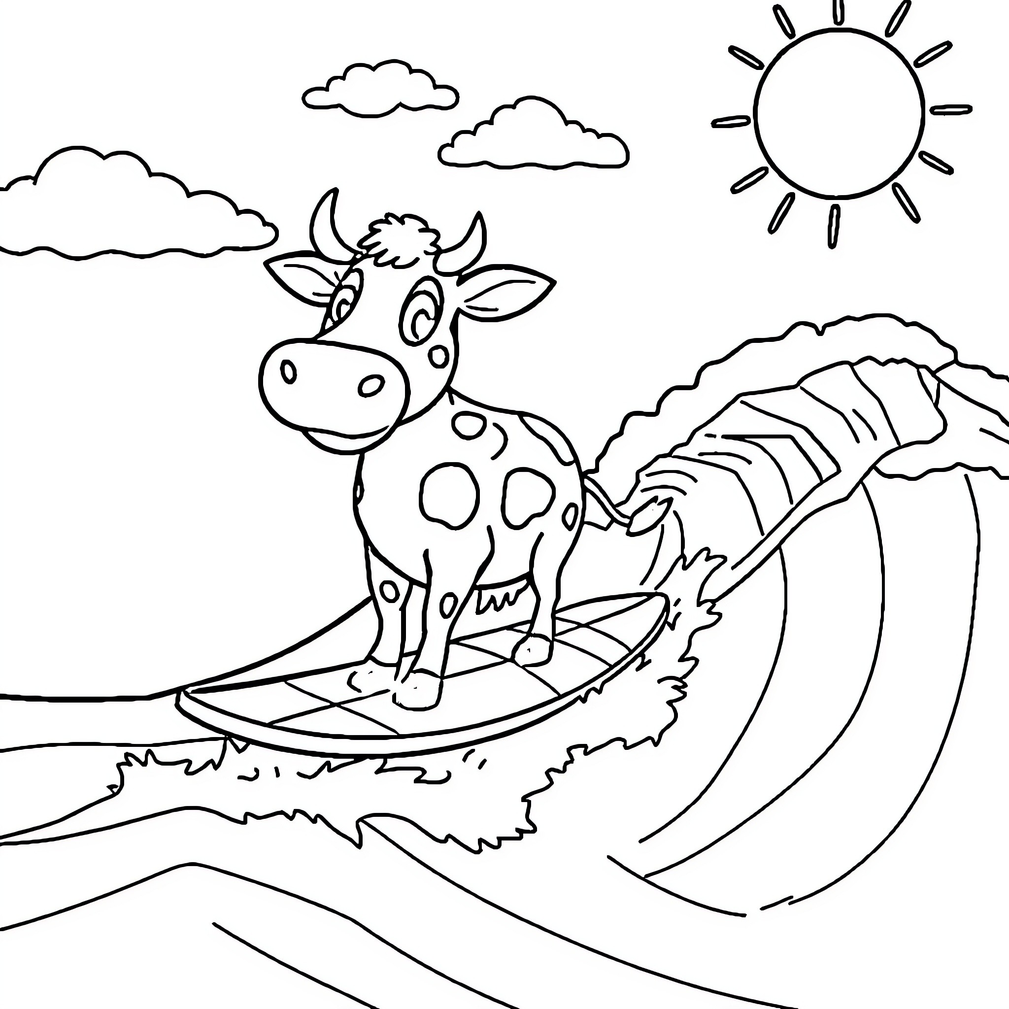 Cow surfing in the waves Coloring Page (free black-and-white line drawing printable PDF for all, from beginners to advanced learners, including children, teens, adults, and seniors)