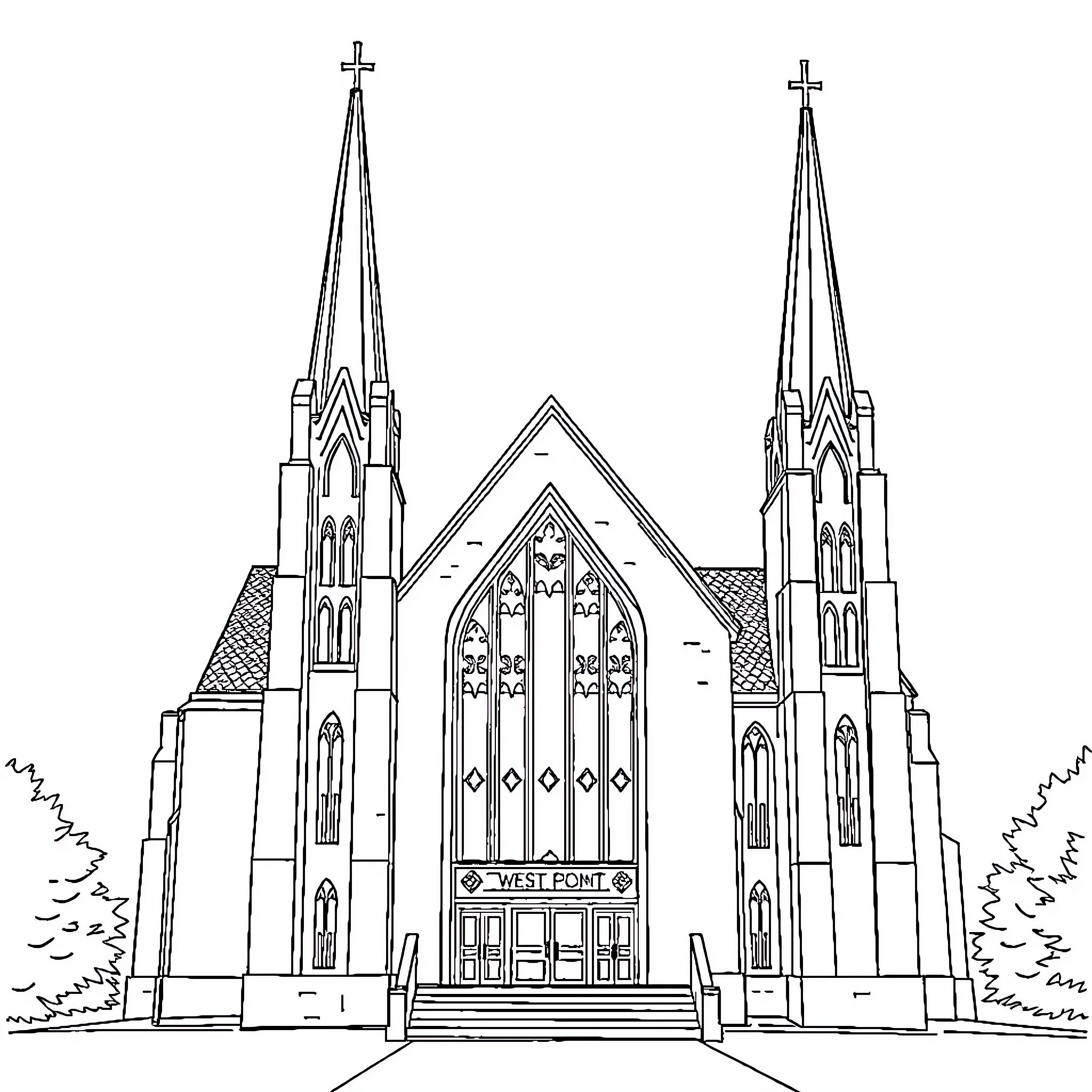 Chapel with Towering Spires and Gothic Architecture Coloring Page (free black-and-white line drawing printable PDF for all, from beginners to advanced learners, including children, teens, adults, and seniors)