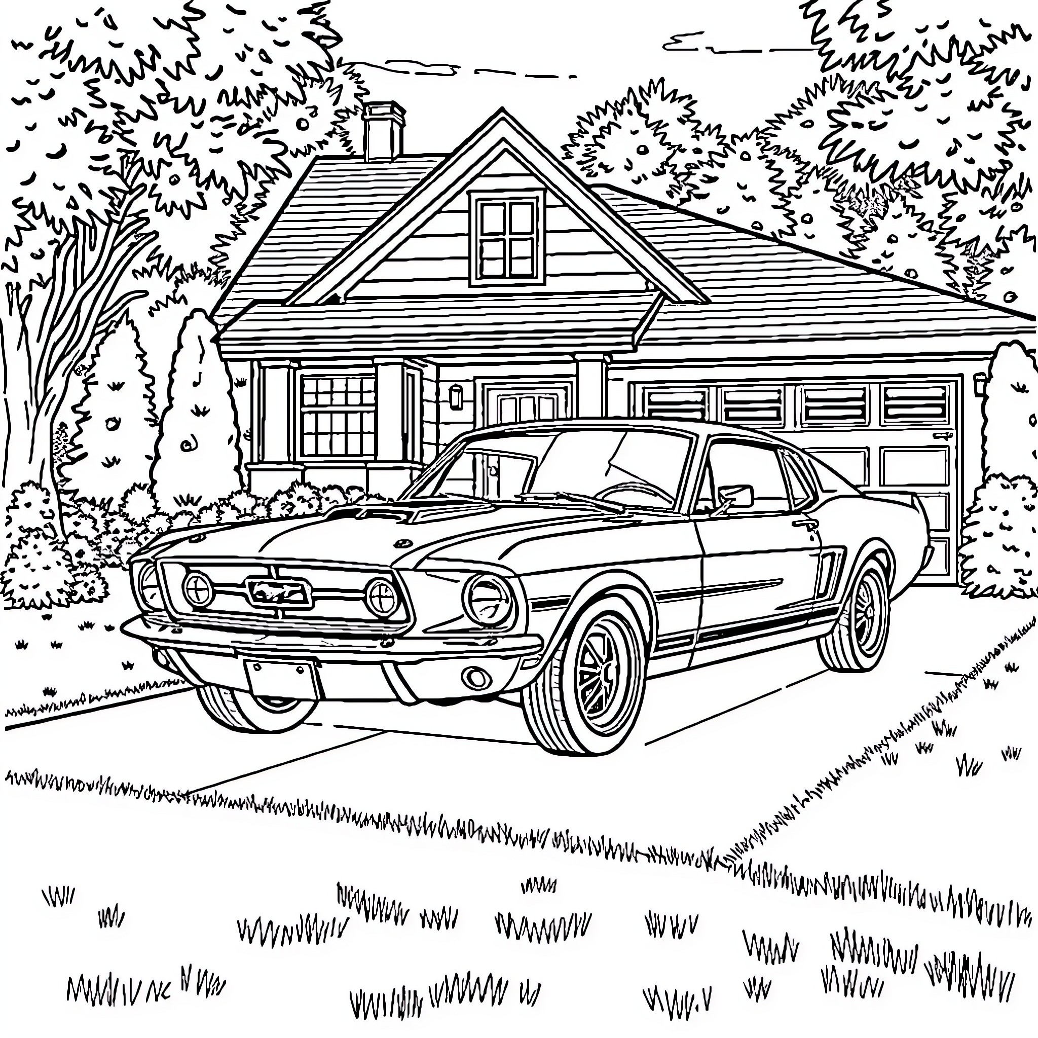 Mustang sports car parked in front of a house Coloring Page (free black-and-white line drawing printable PDF for all, from beginners to advanced learners, including children, teens, adults, and seniors)