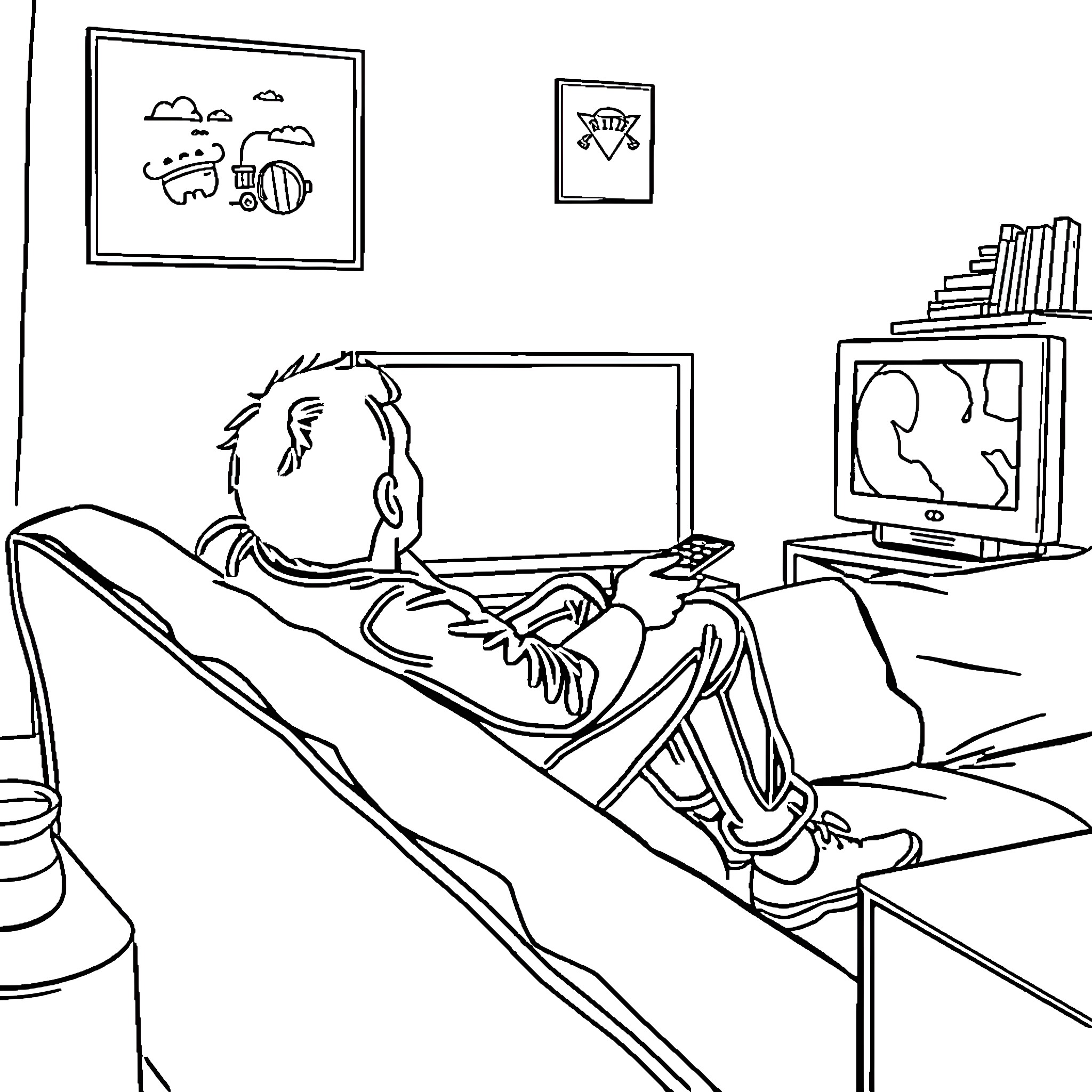 Guy relaxing on couch while gaming on console Coloring Page (free black-and-white line drawing printable PDF for all, from beginners to advanced learners, including children, teens, adults, and seniors)