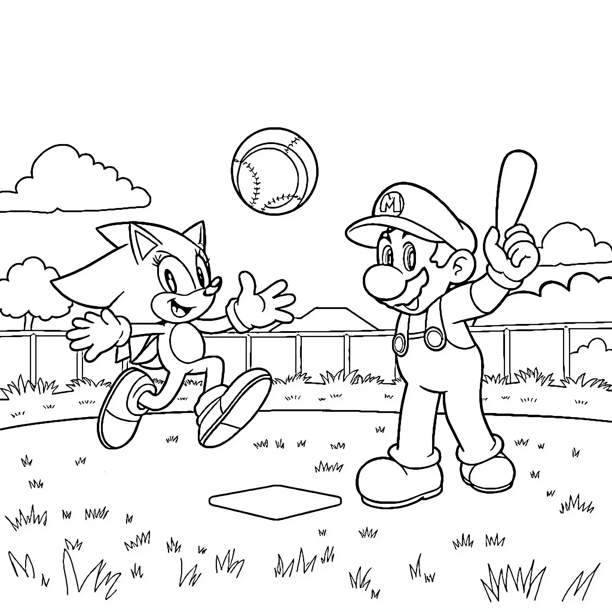 Sonic and Mario in a Friendly Outdoor Adventure Coloring Page (free black-and-white line drawing printable PDF for all, from beginners to advanced learners, including children, teens, adults, and seniors)