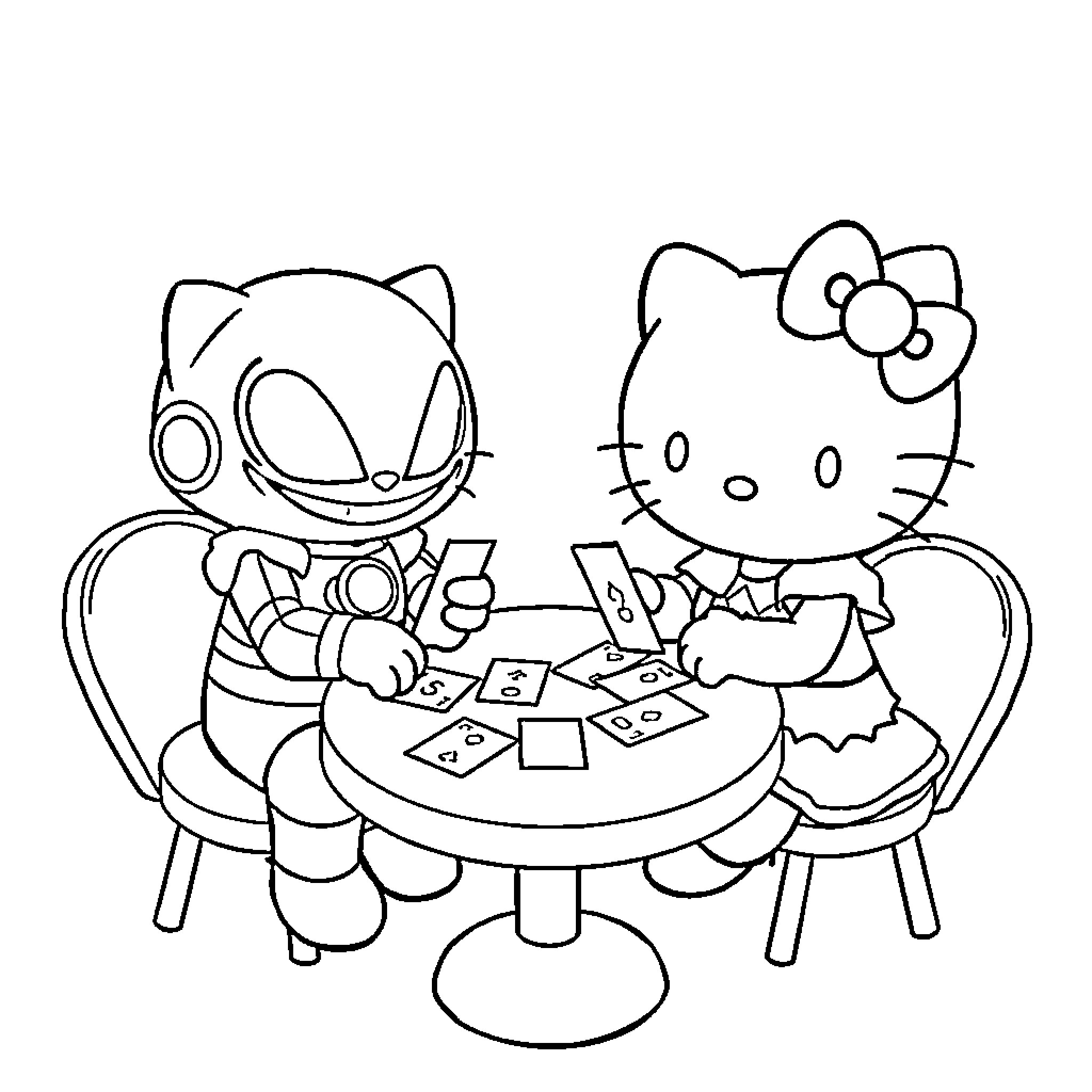 Hello Kitty playing cards with a friend Coloring Page (free black-and-white line drawing printable PDF for all, from beginners to advanced learners, including children, teens, adults, and seniors)