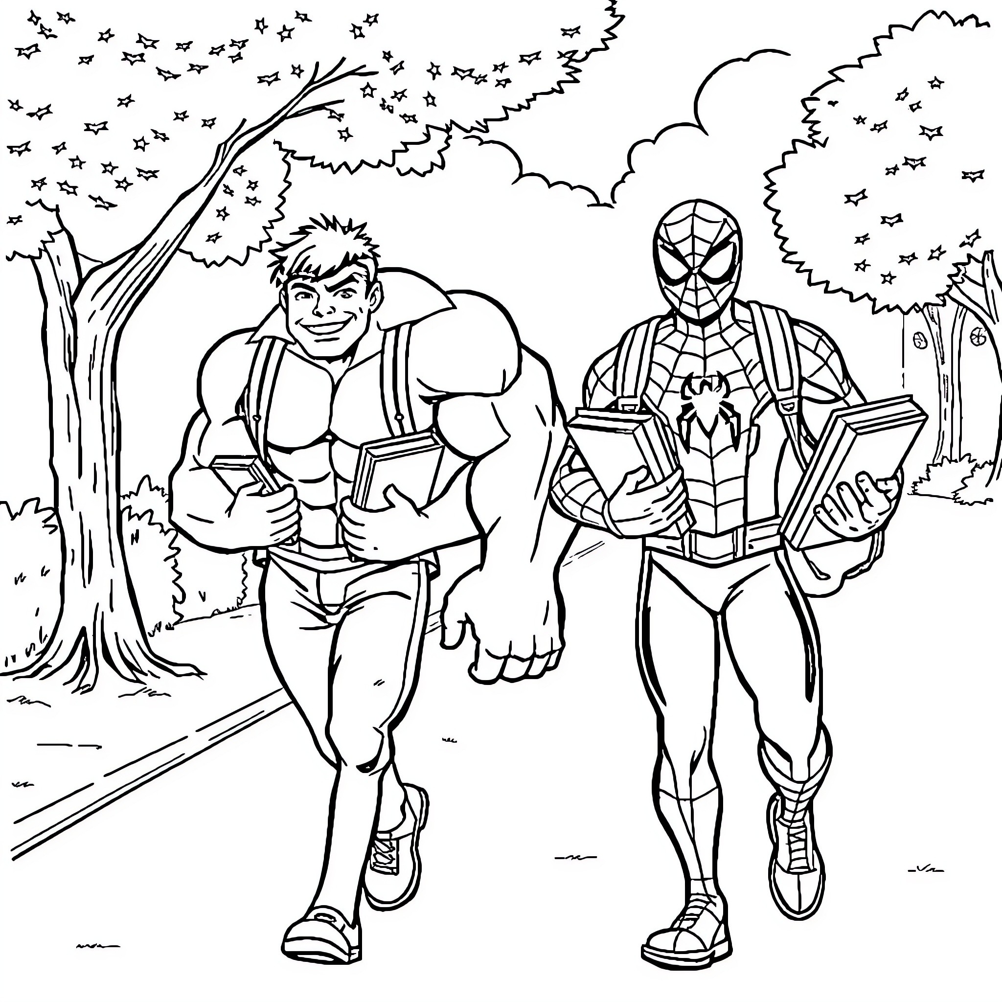 Spiderman and Hulk explore the forest Coloring Page (free black-and-white line drawing printable PDF for all, from beginners to advanced learners, including children, teens, adults, and seniors)