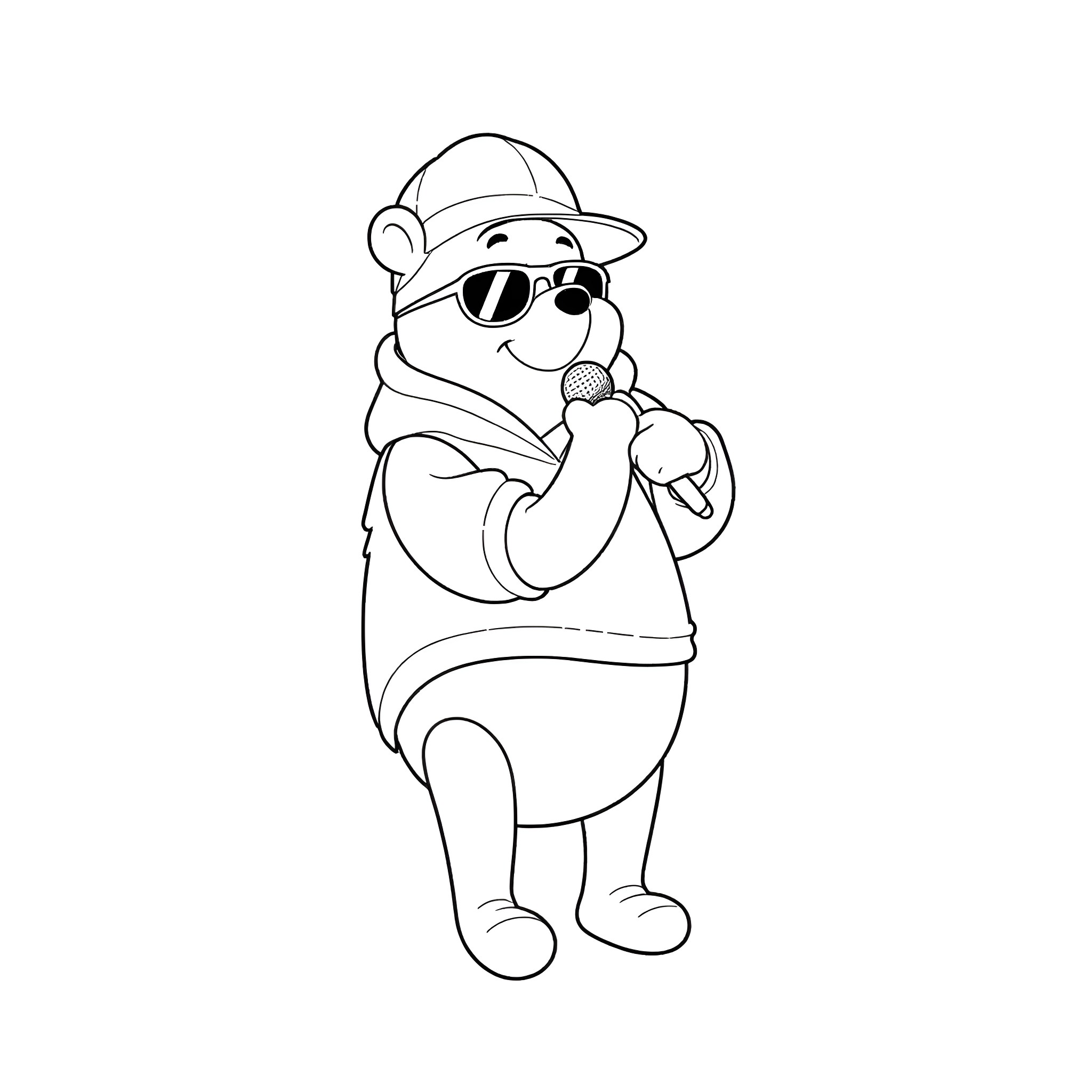 Winnie The Pooh in Sunglasses and Adventure Gear Coloring Page (free black-and-white line drawing printable PDF for all, from beginners to advanced learners, including children, teens, adults, and seniors)