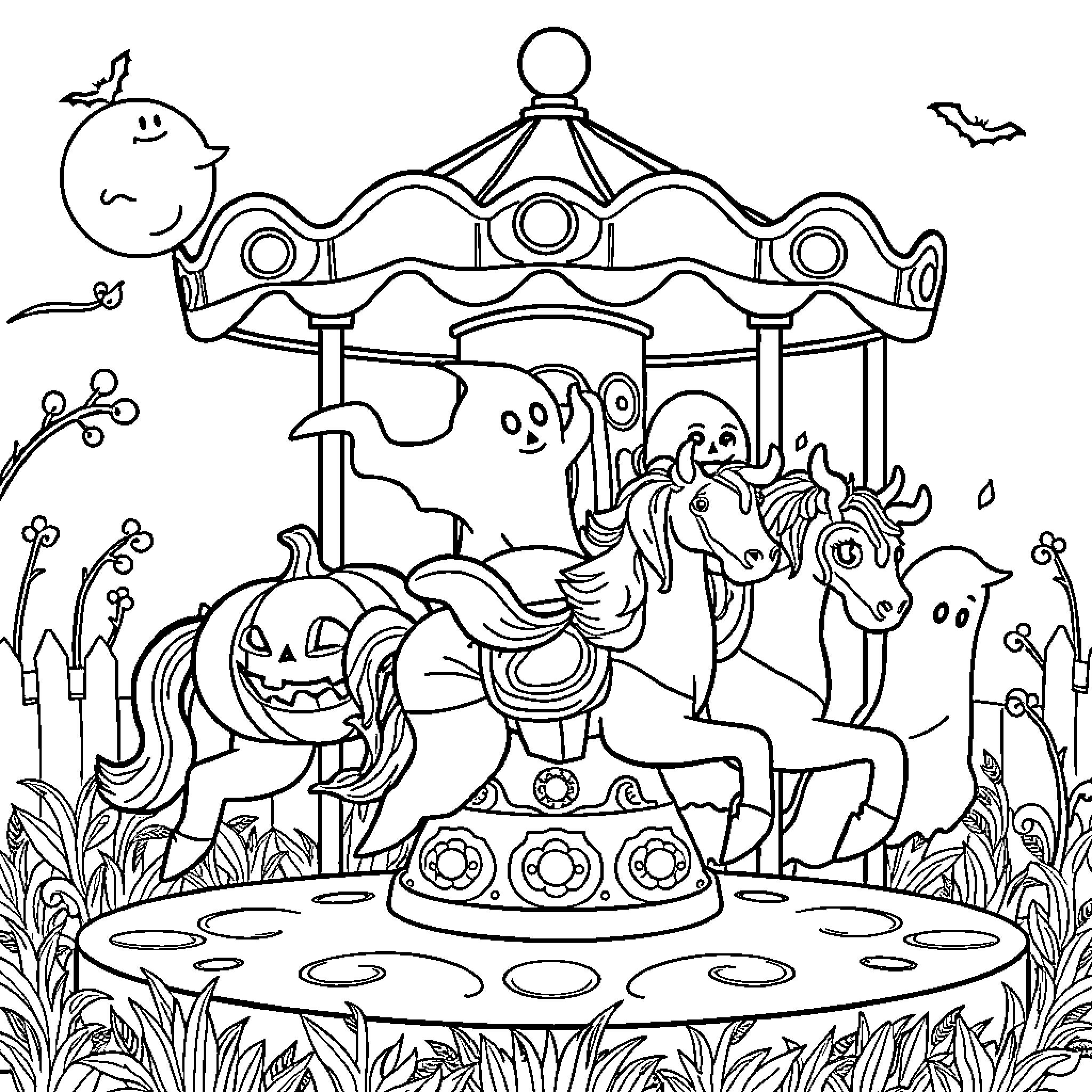 Pumpkin-themed carousel ride with playful characters Coloring Page (free black-and-white line drawing printable PDF for all, from beginners to advanced learners, including children, teens, adults, and seniors)