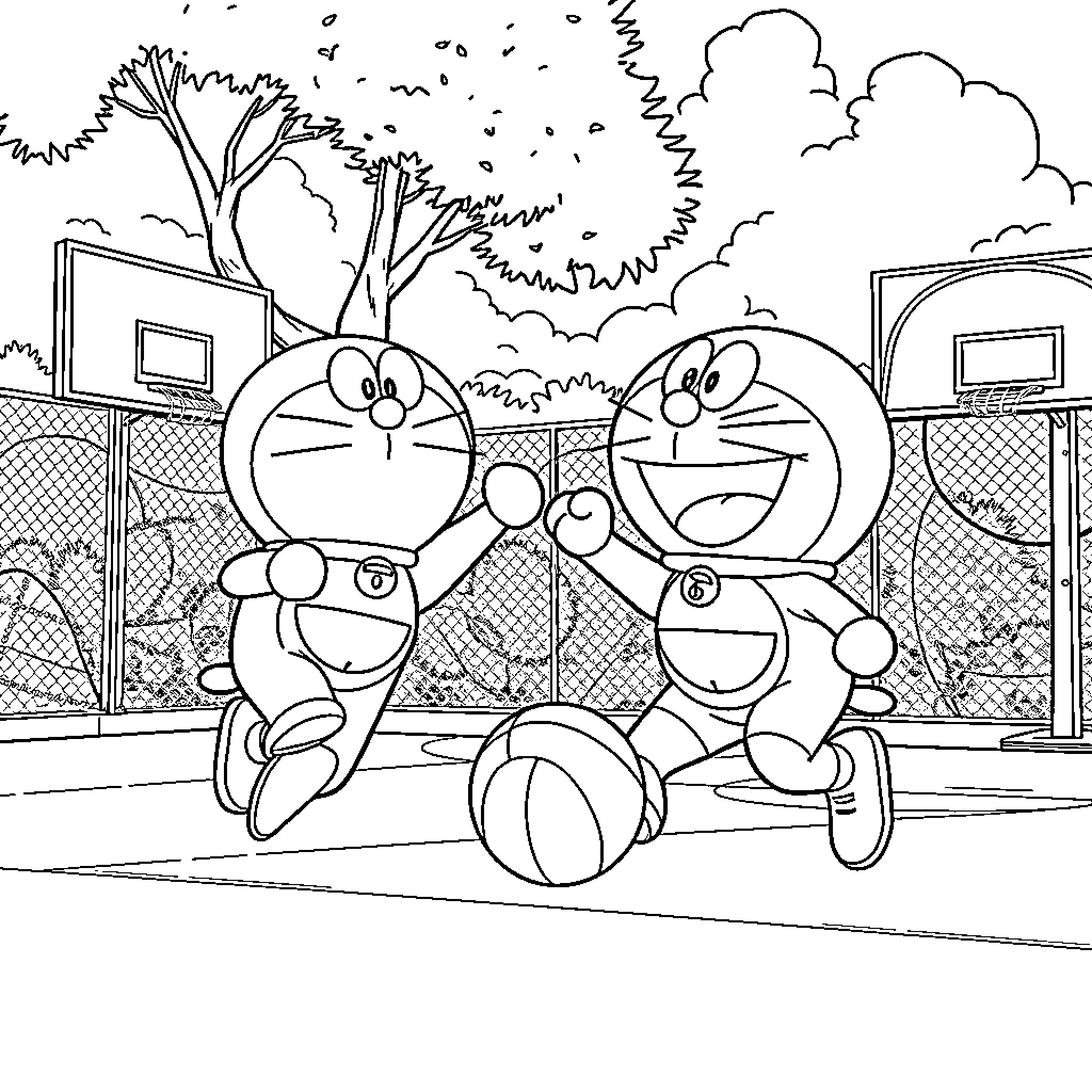 Doraemon and Friends Enjoying Outdoor Adventure Coloring Page (free black-and-white line drawing printable PDF for all, from beginners to advanced learners, including children, teens, adults, and seniors)