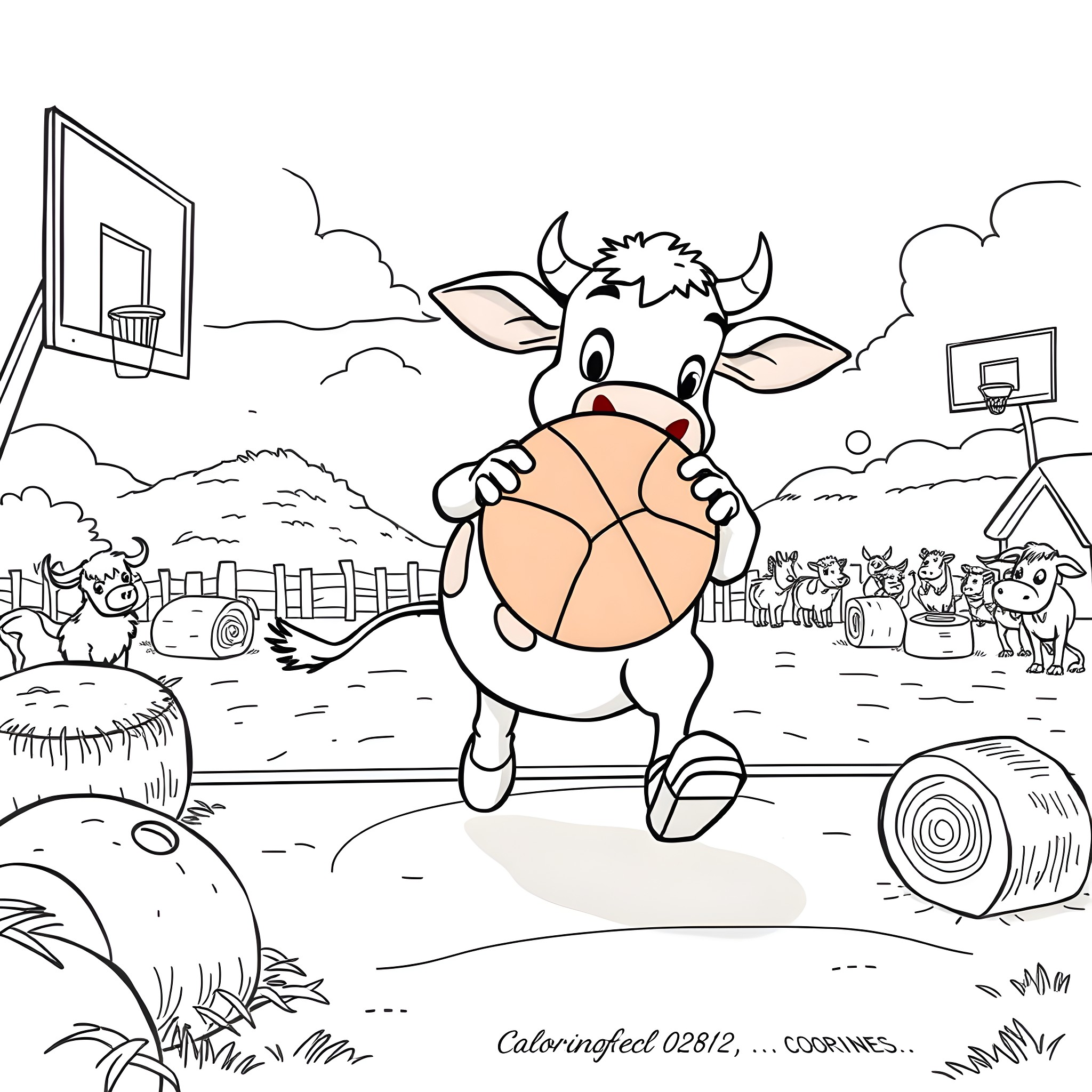 Cow playing basketball on the farm Coloring Page (free black-and-white line drawing printable PDF for all, from beginners to advanced learners, including children, teens, adults, and seniors)