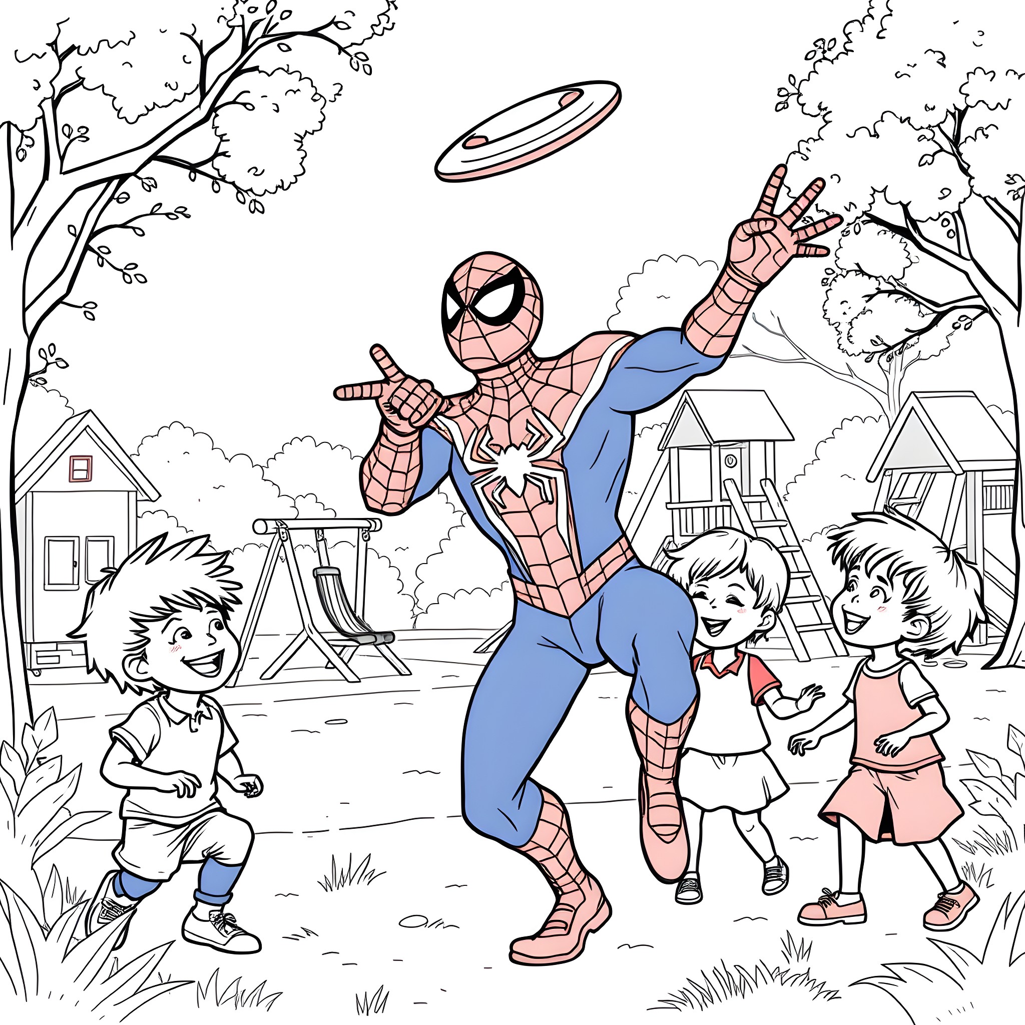 Spiderman interacting with children in a neighborhood Coloring Page (free black-and-white line drawing printable PDF for all, from beginners to advanced learners, including children, teens, adults, and seniors)
