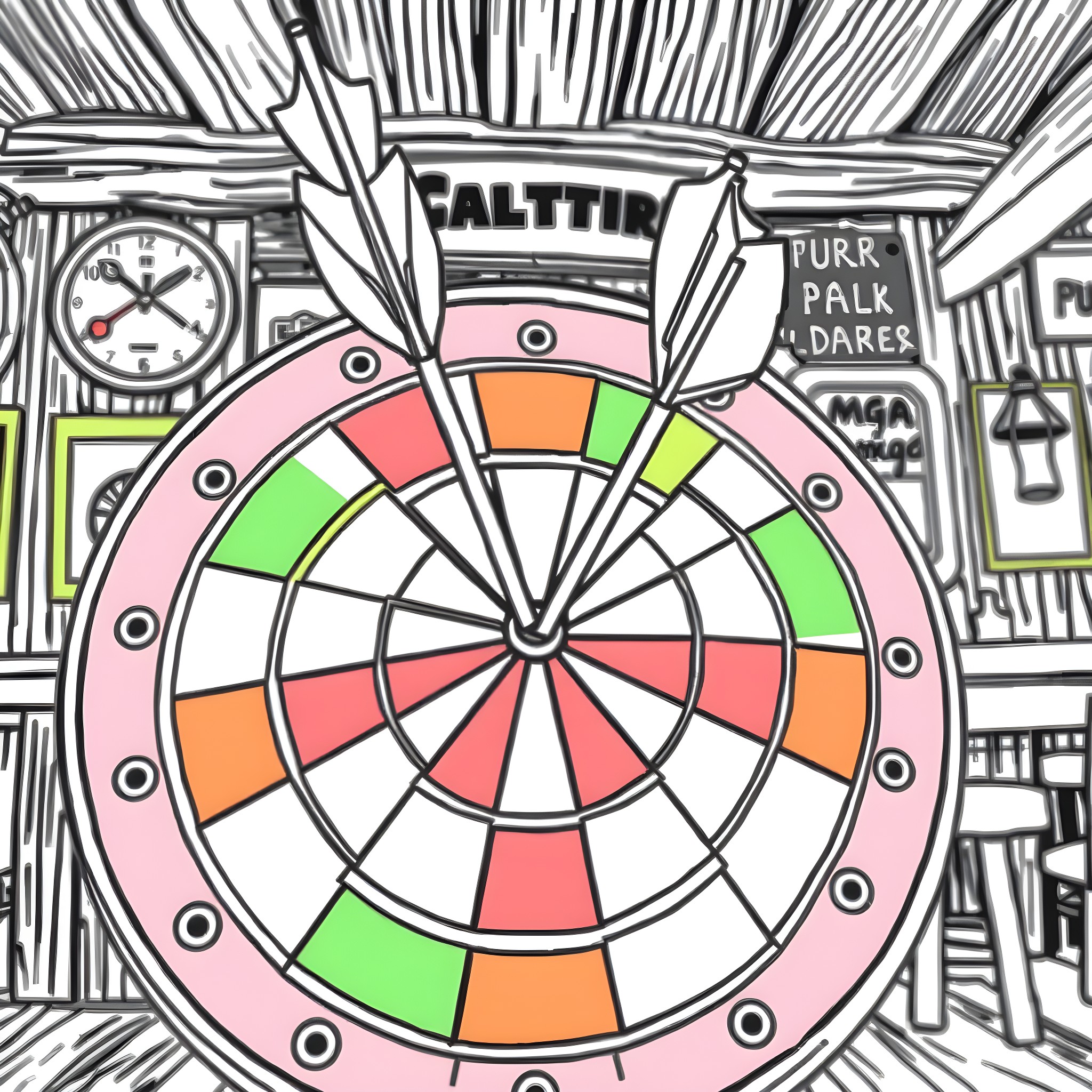 Arrow of the Whirling Dartboard in an Animated Scene Coloring Page (free black-and-white line drawing printable PDF for all, from beginners to advanced learners, including children, teens, adults, and seniors)