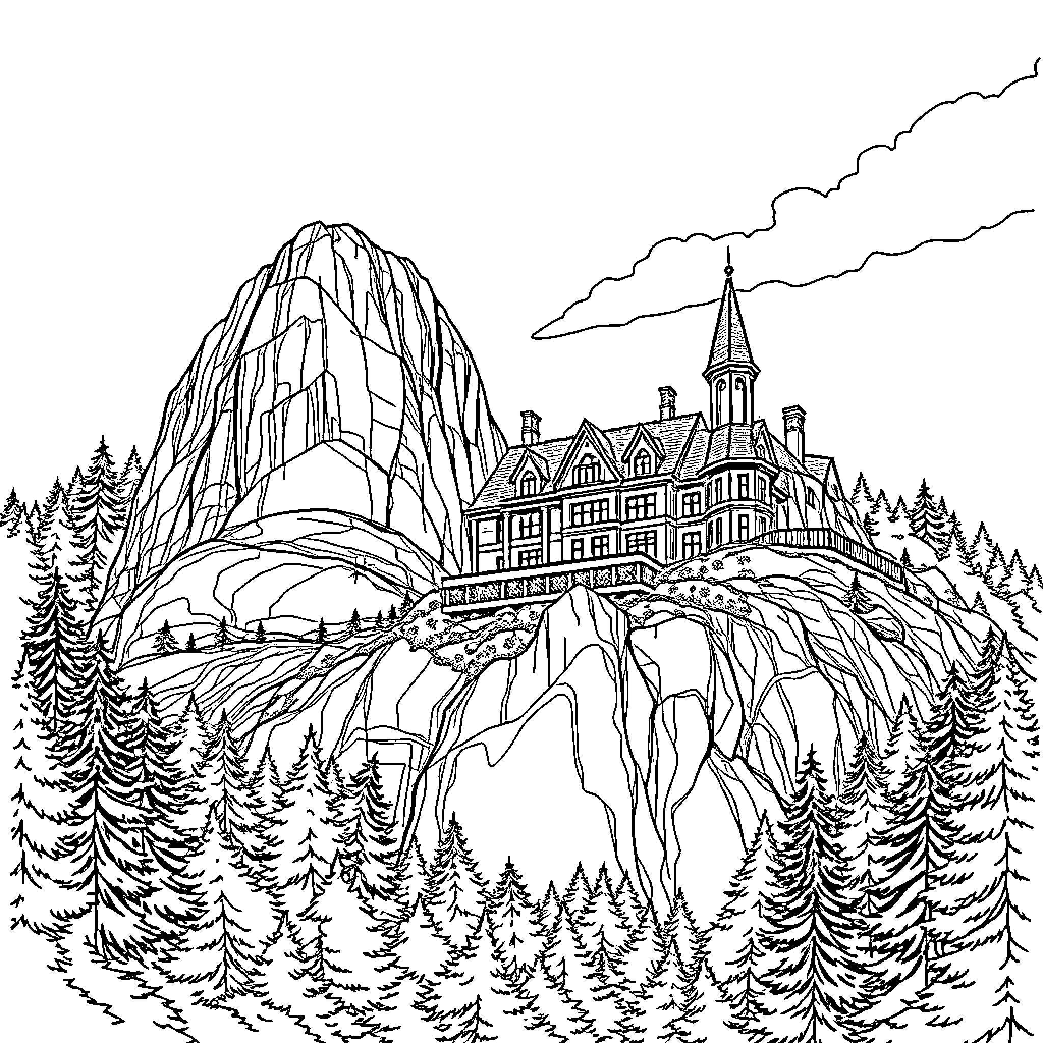 Mountain Landscape with Gothic-Style Castle Coloring Page (free black-and-white line drawing printable PDF for all, from beginners to advanced learners, including children, teens, adults, and seniors)