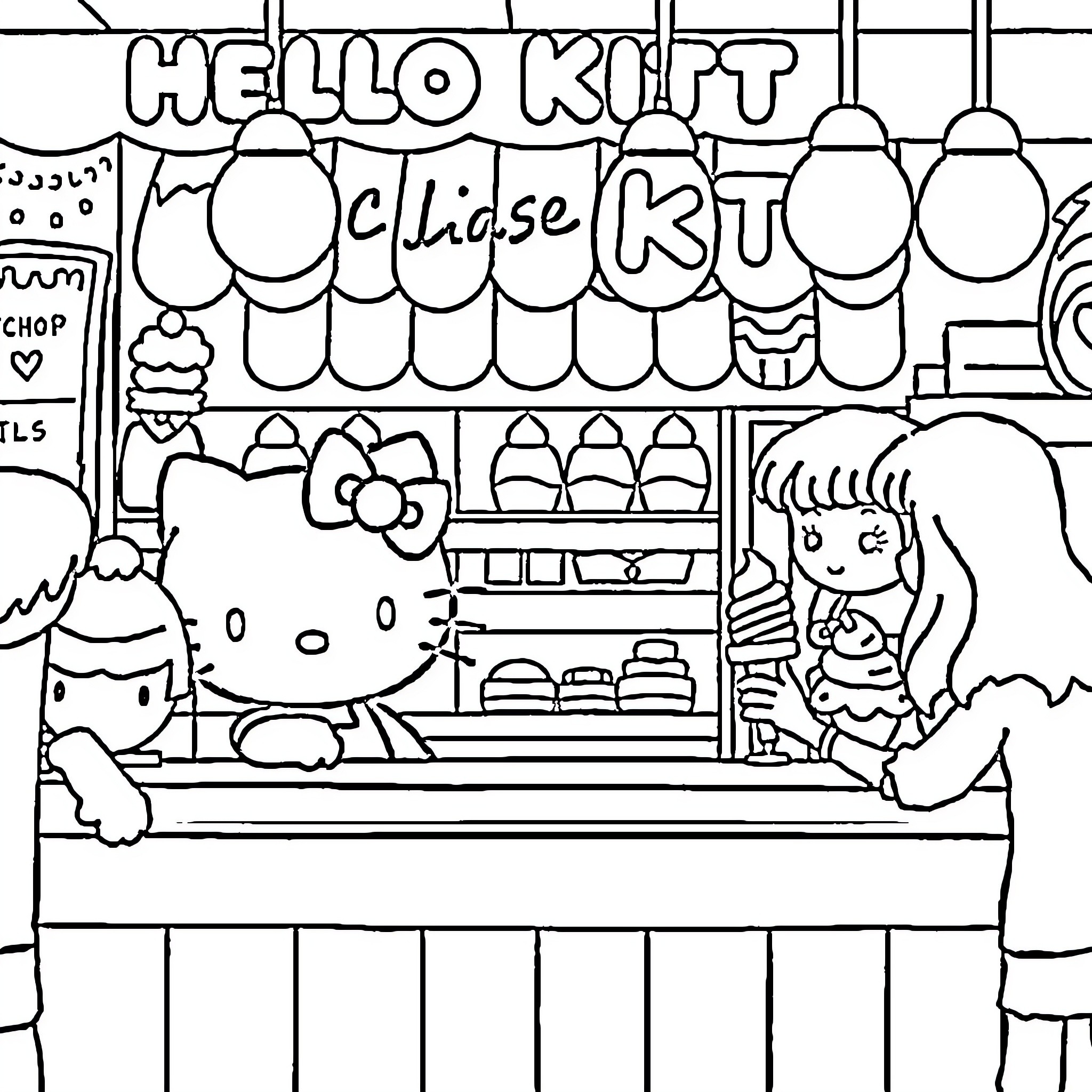 Hello Kitty shopping at the grocery store Coloring Page (free black-and-white line drawing printable PDF for all, from beginners to advanced learners, including children, teens, adults, and seniors)