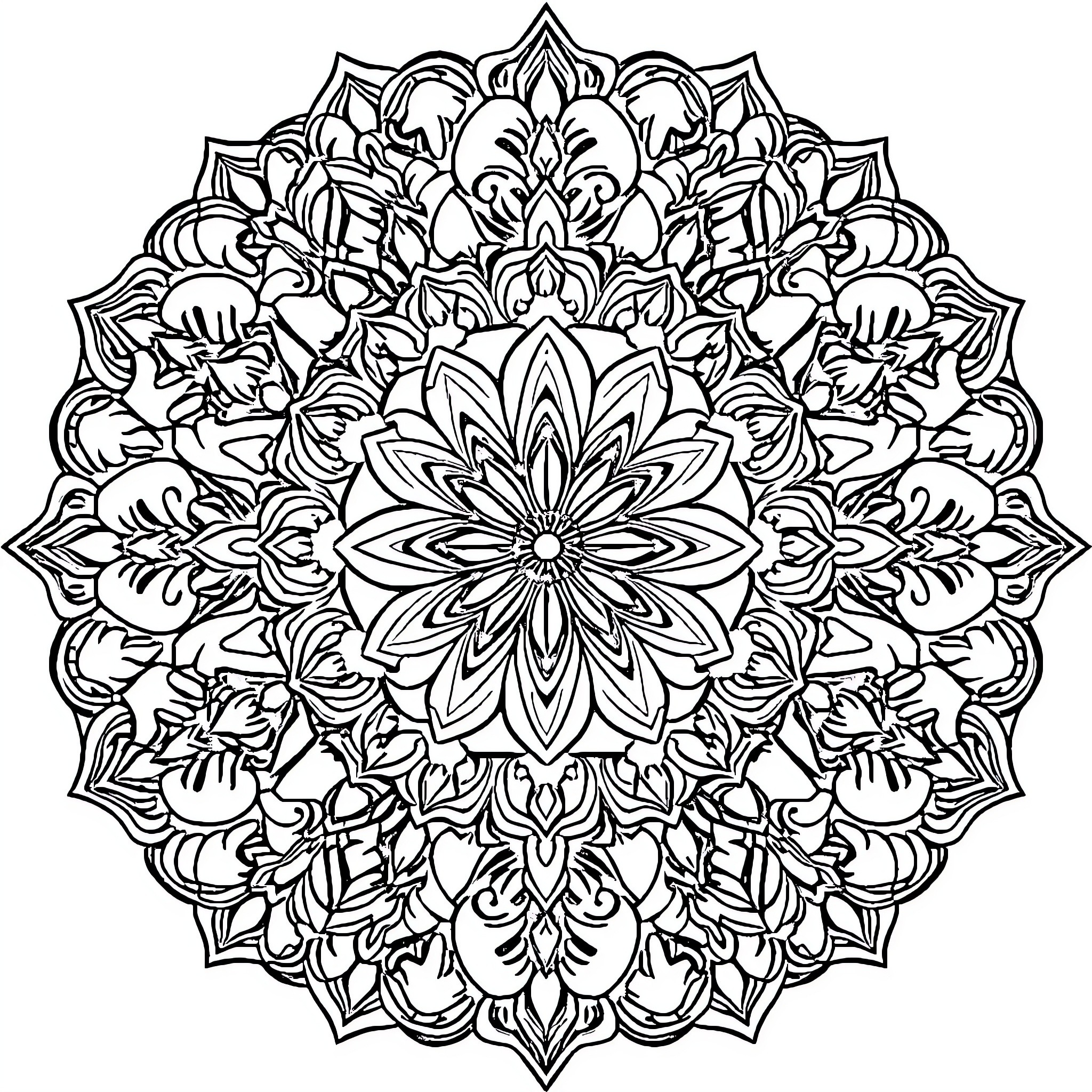 Mandala of intricate floral patterns and shapes Coloring Page (free black-and-white line drawing printable PDF for all, from beginners to advanced learners, including children, teens, adults, and seniors)