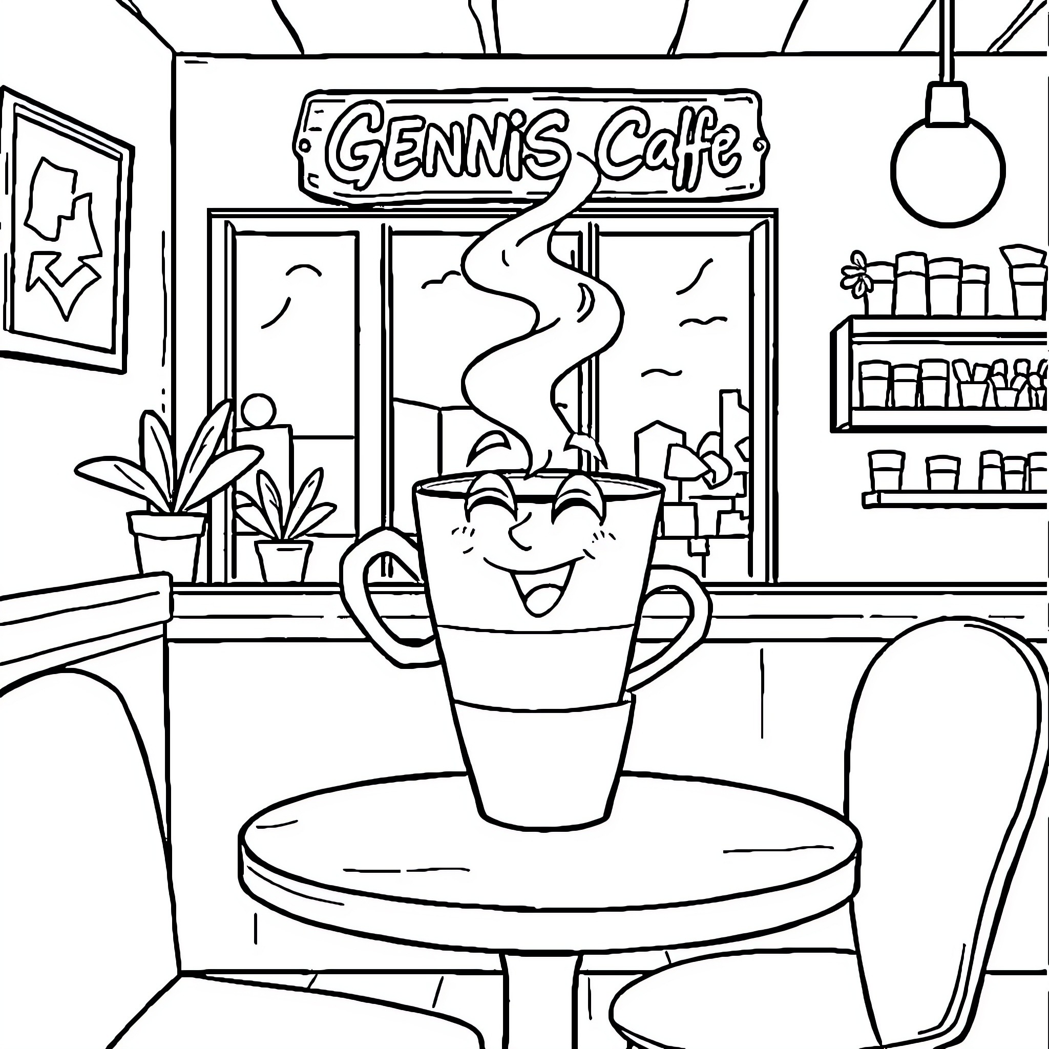 Coffee Cup at Genni's Cafe Coloring Page (free black-and-white line drawing printable PDF for all, from beginners to advanced learners, including children, teens, adults, and seniors)