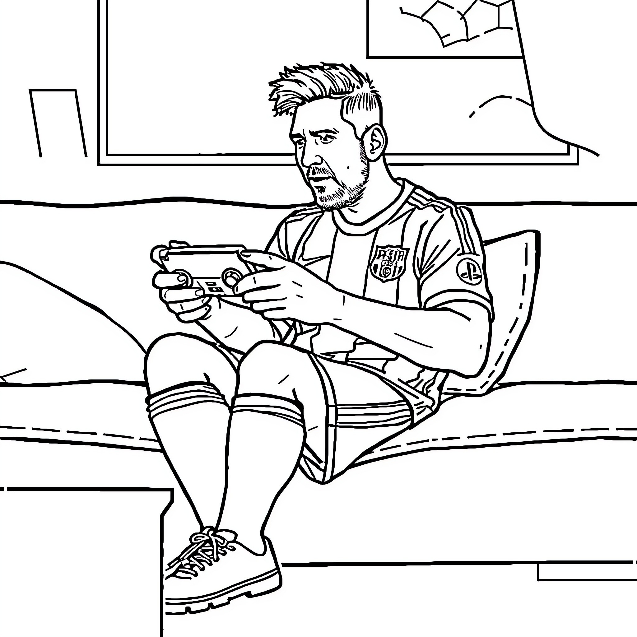 Messi playing video game in locker room Coloring Page (free black-and-white line drawing printable PDF for all, from beginners to advanced learners, including children, teens, adults, and seniors)