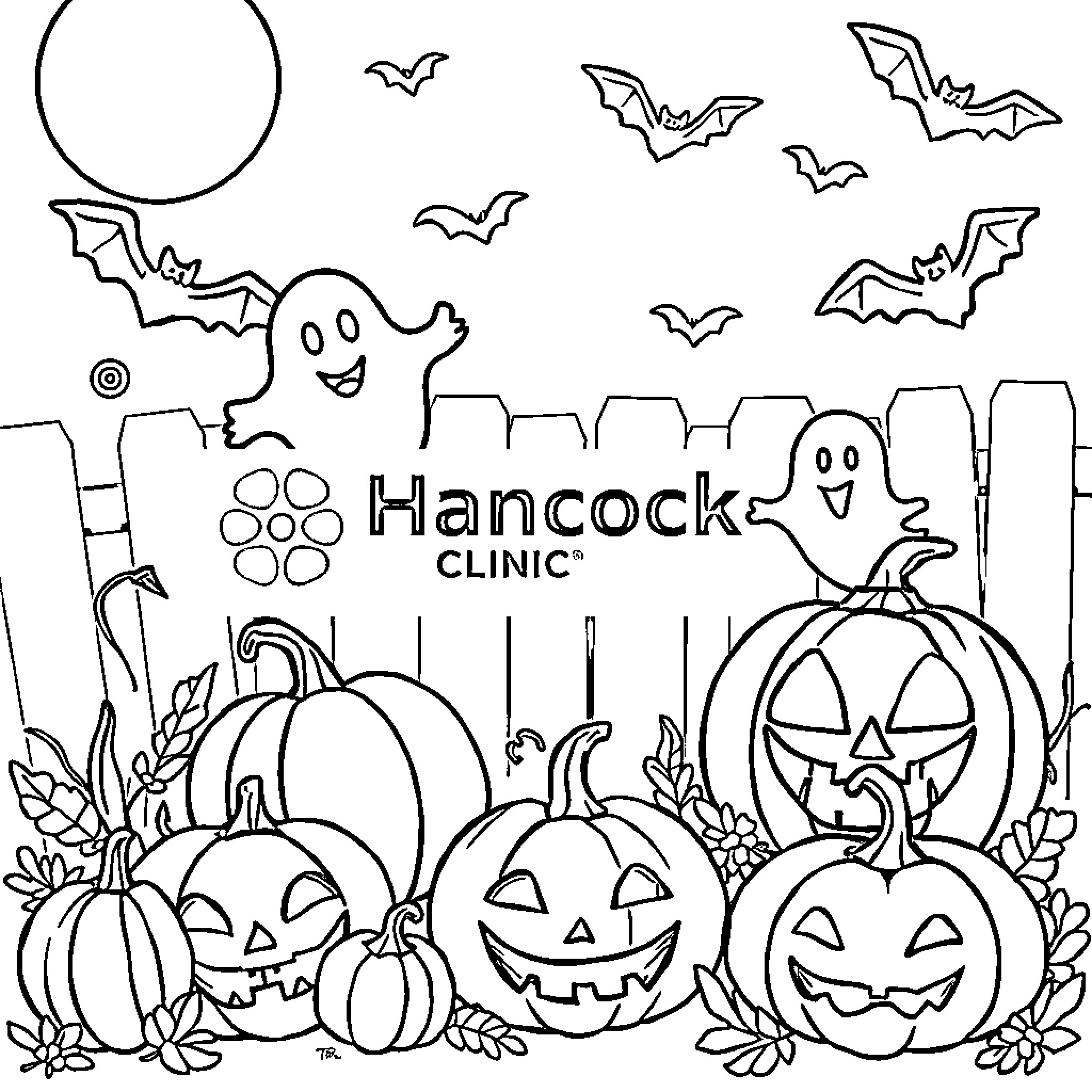 Halloween fun with pumpkins and bats at Hancock Clinic Coloring Page (free black-and-white line drawing printable PDF for all, from beginners to advanced learners, including children, teens, adults, and seniors)