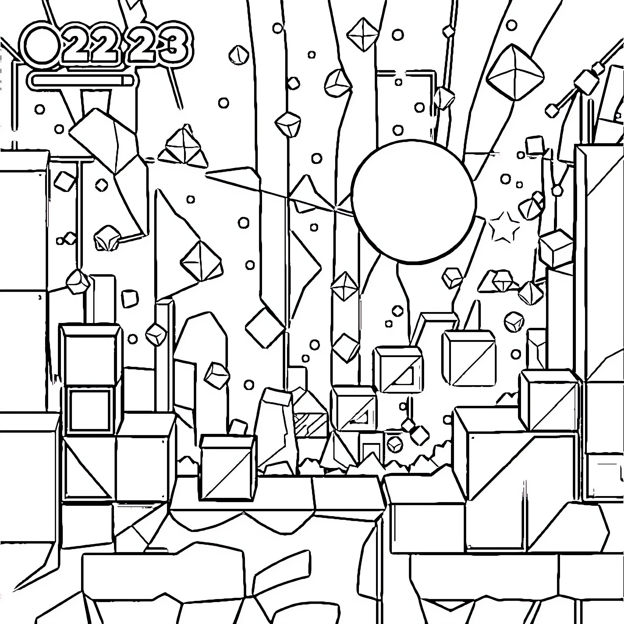 Geometry Dash Abstract Shapes and Patterns Coloring Page (free black-and-white line drawing printable PDF for all, from beginners to advanced learners, including children, teens, adults, and seniors)