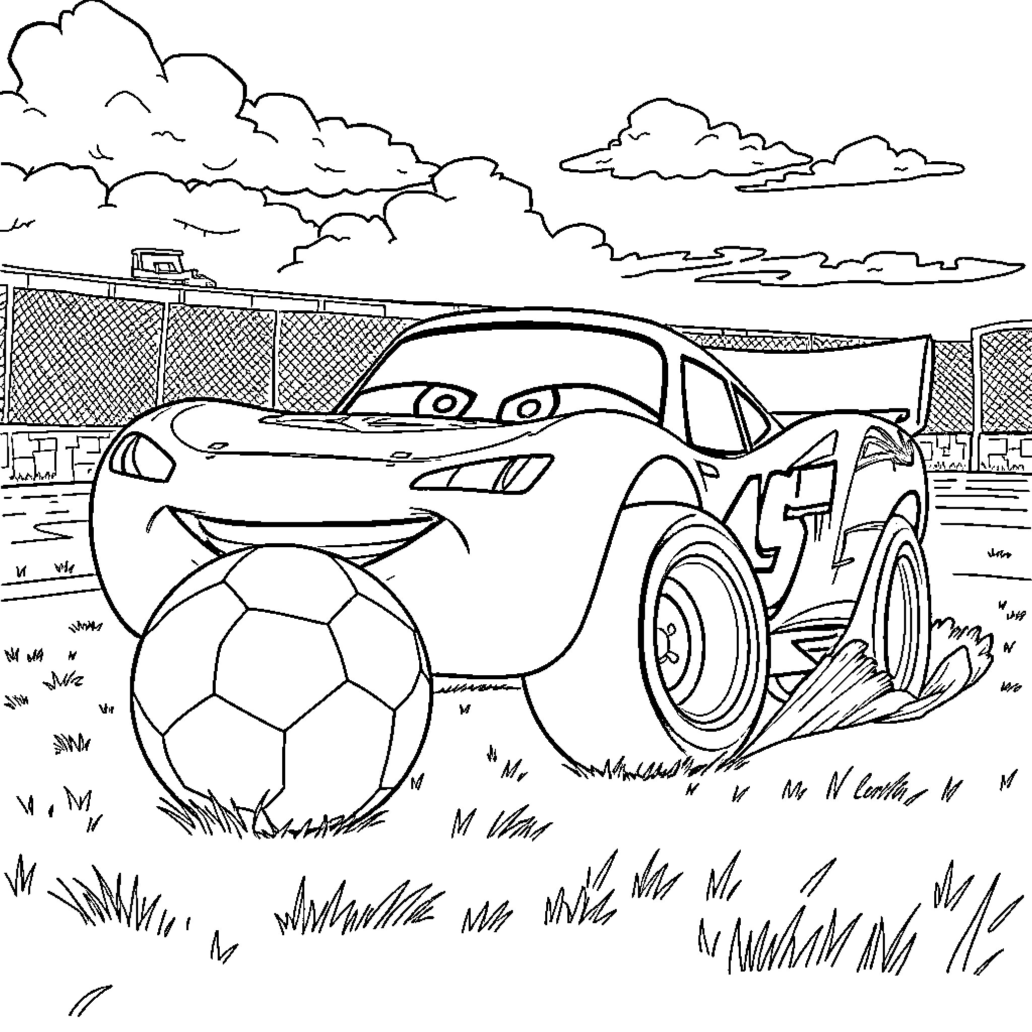 Lightning McQueen playing with soccer ball in the park Coloring Page (free black-and-white line drawing printable PDF for all, from beginners to advanced learners, including children, teens, adults, and seniors)