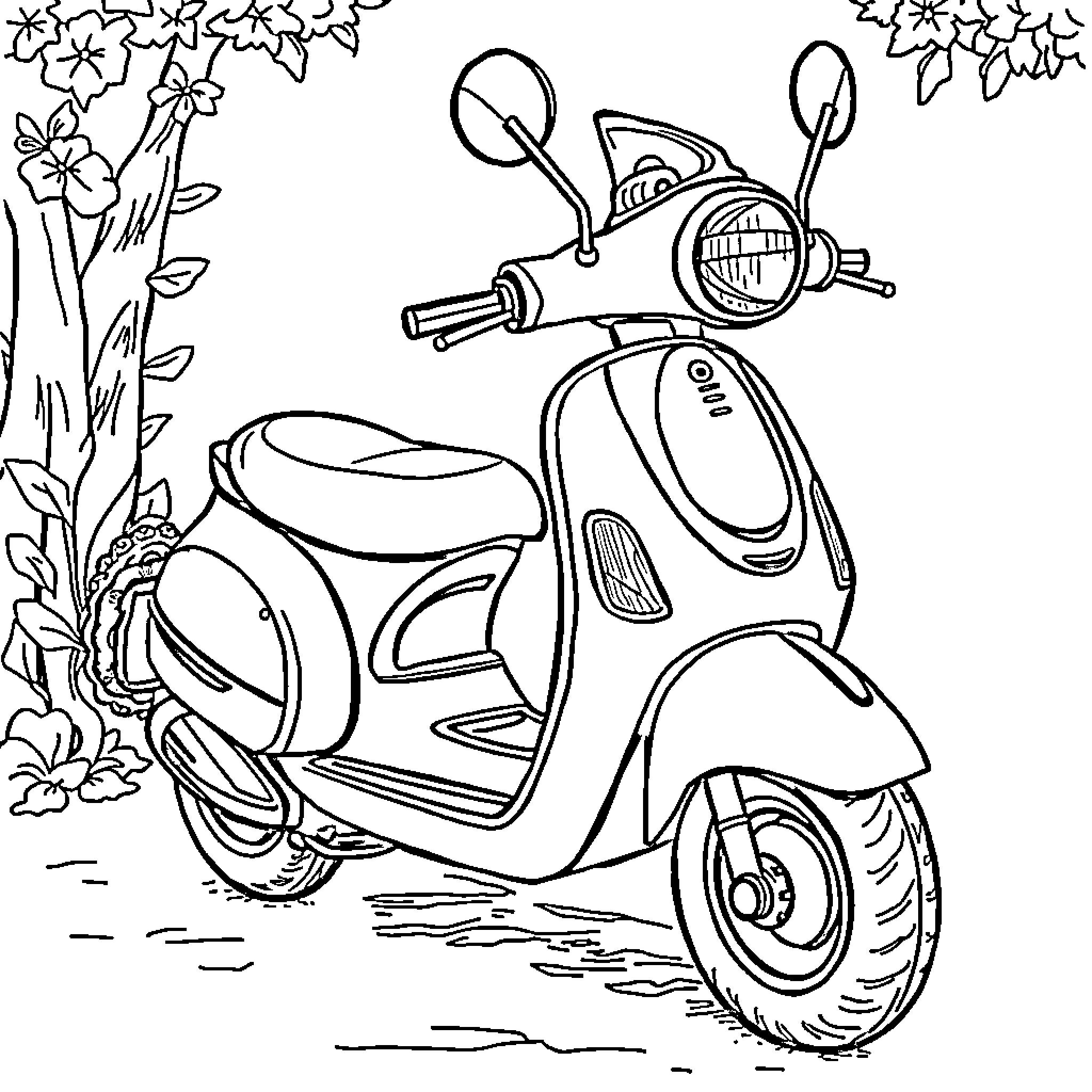 Chameleon's Scooter Adventure in the Floral Park Coloring Page (free black-and-white line drawing printable PDF for all, from beginners to advanced learners, including children, teens, adults, and seniors)