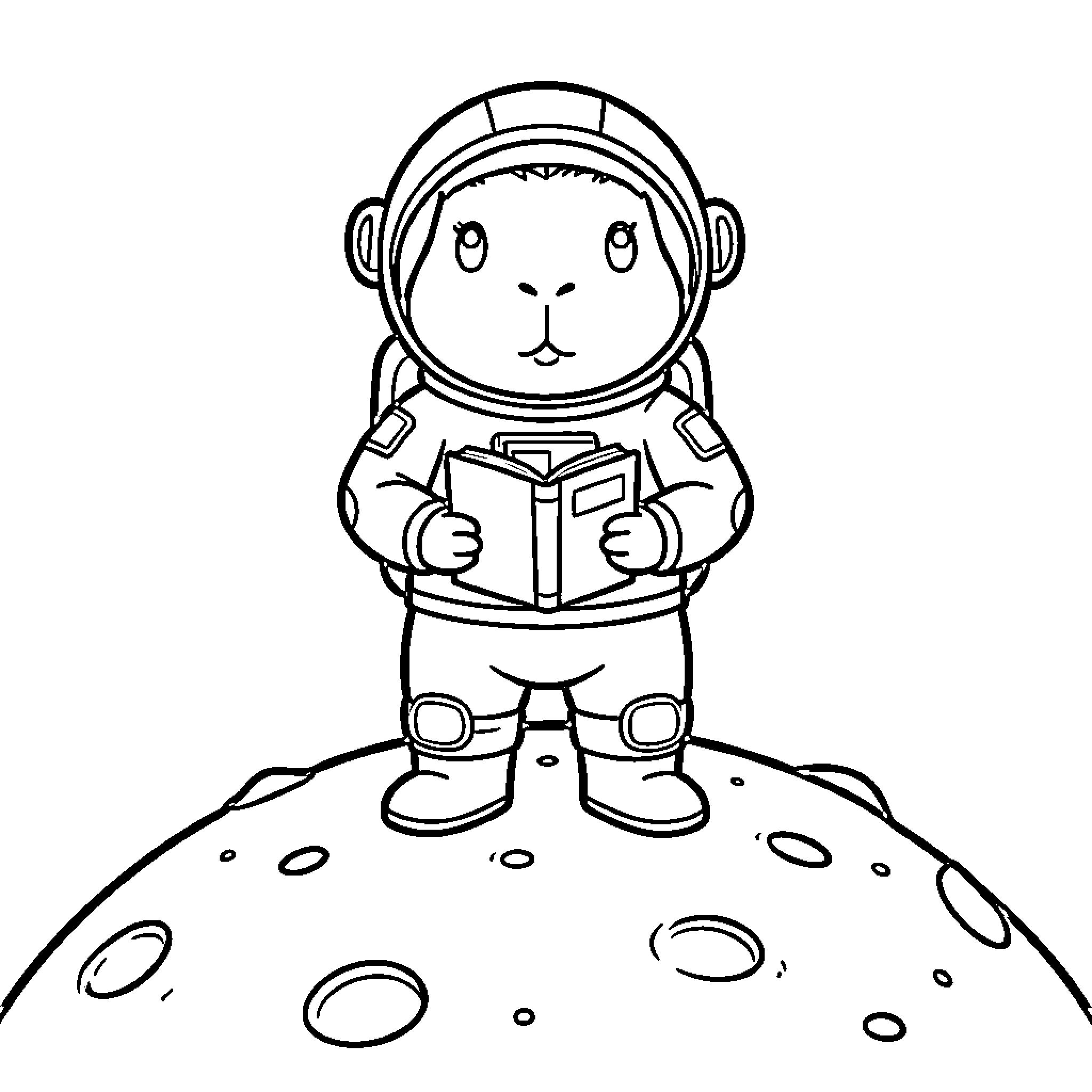 Capybara astronaut reading a book on the moon Coloring Page (free black-and-white line drawing printable PDF for all, from beginners to advanced learners, including children, teens, adults, and seniors)