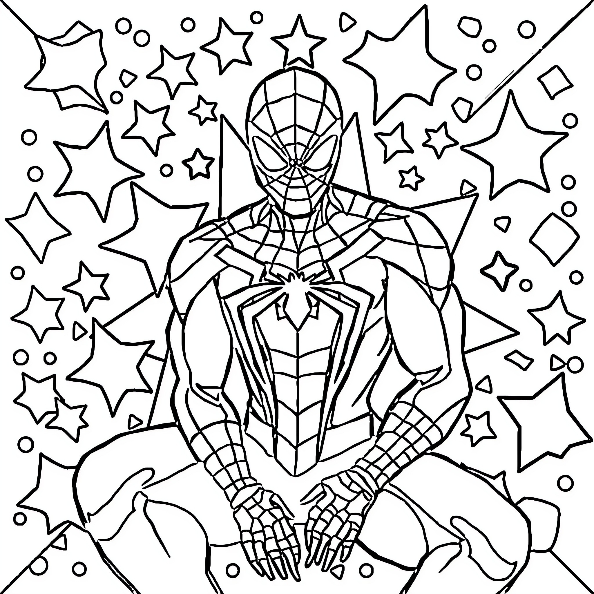 Spiderman surrounded by stars in a cosmic scene Coloring Page (free black-and-white line drawing printable PDF for all, from beginners to advanced learners, including children, teens, adults, and seniors)