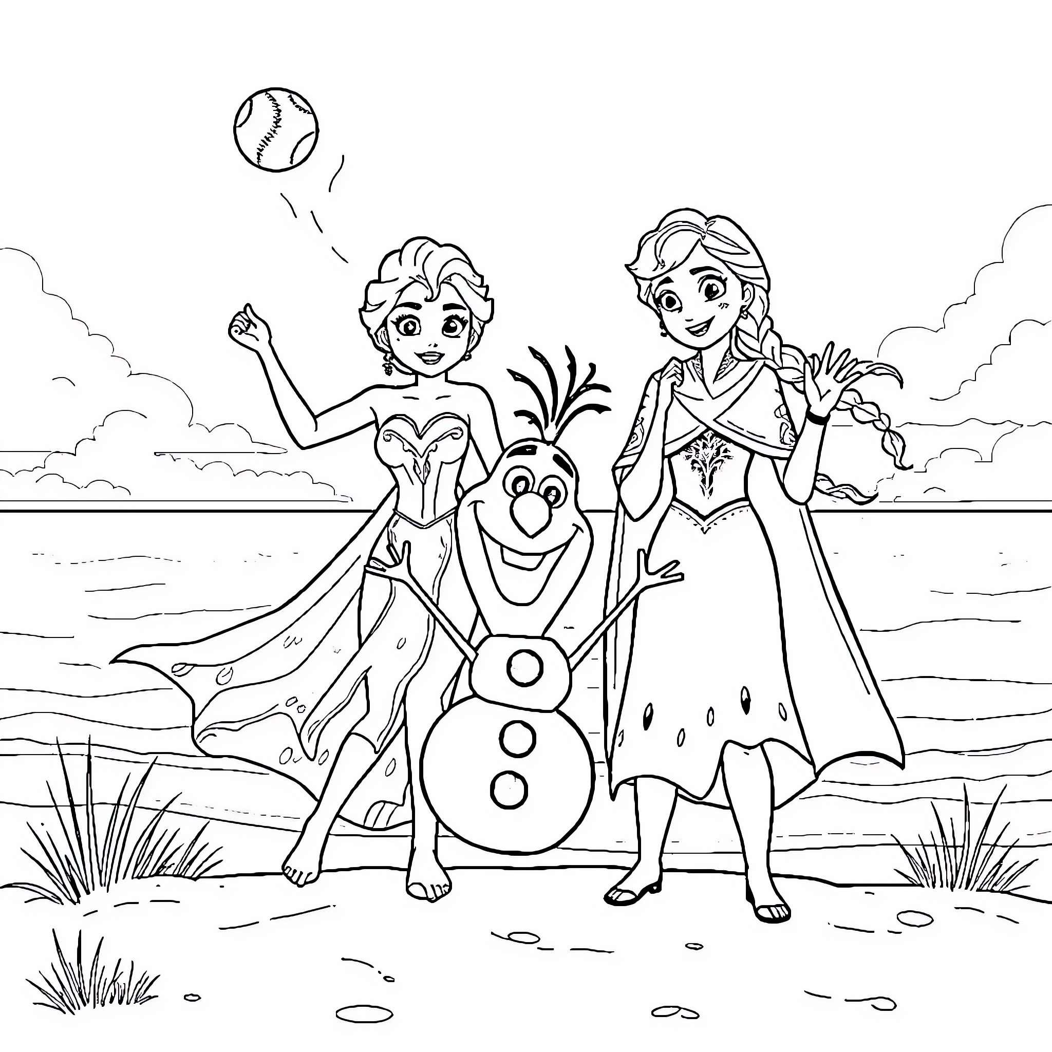 Elsa and Anna's Seaside Adventure with Olaf Coloring Page (free black-and-white line drawing printable PDF for all, from beginners to advanced learners, including children, teens, adults, and seniors)