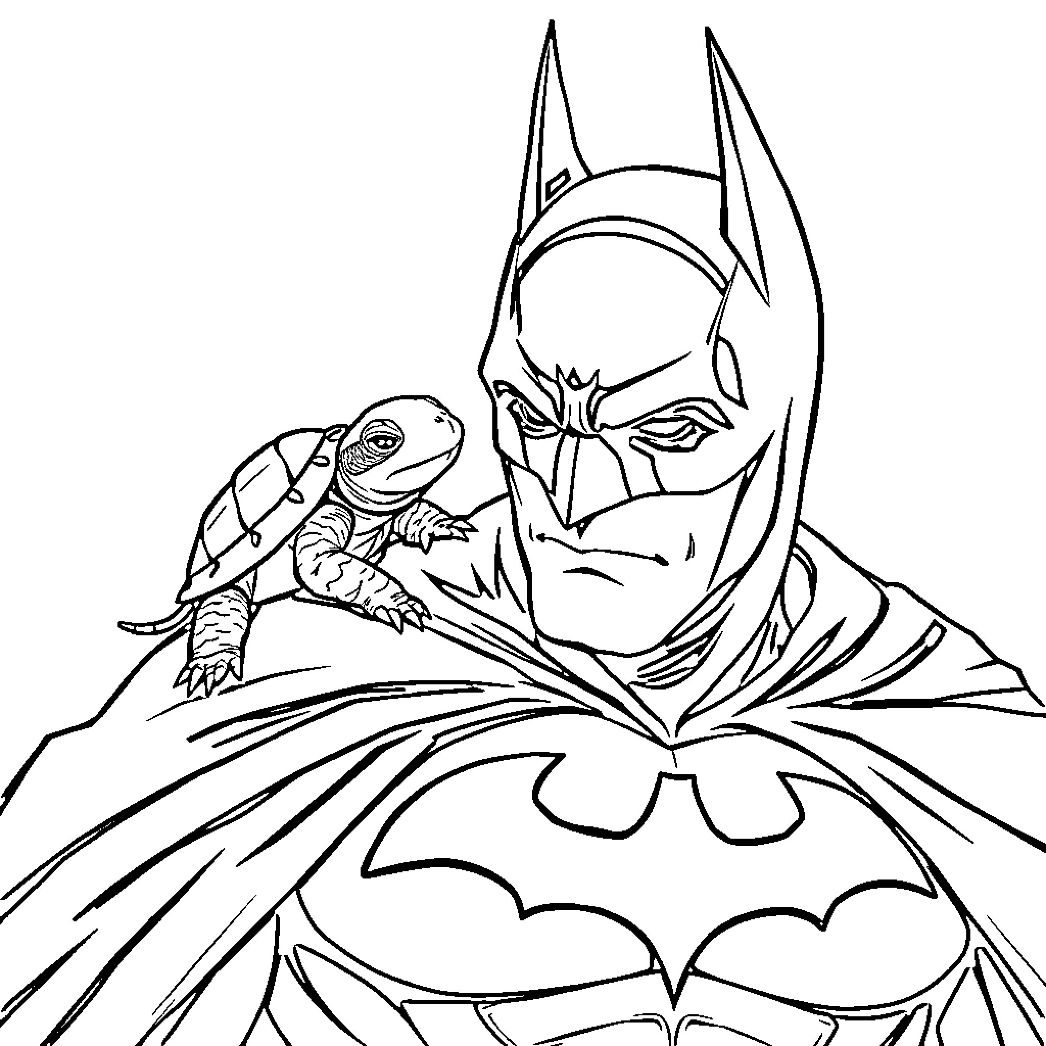 Turtle-themed Superhero in Black Costume Coloring Page (free black-and-white line drawing printable PDF for all, from beginners to advanced learners, including children, teens, adults, and seniors)