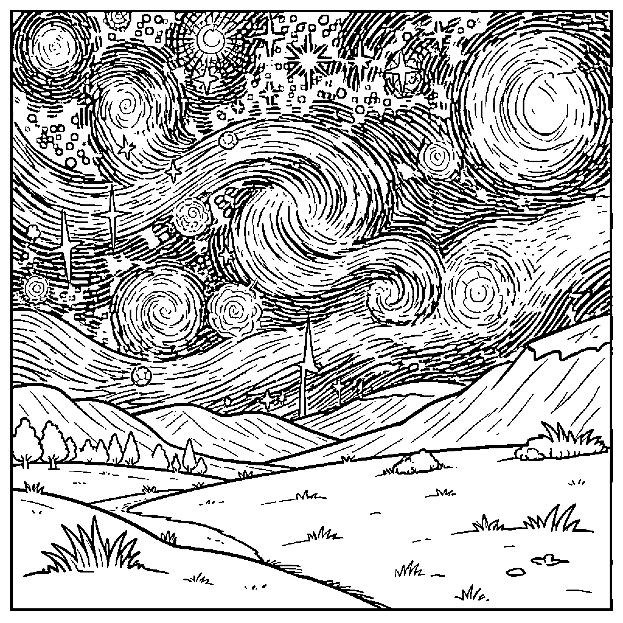 Star Swirling Cosmic Landscape at Night Coloring Page (free black-and-white line drawing printable PDF for all, from beginners to advanced learners, including children, teens, adults, and seniors)