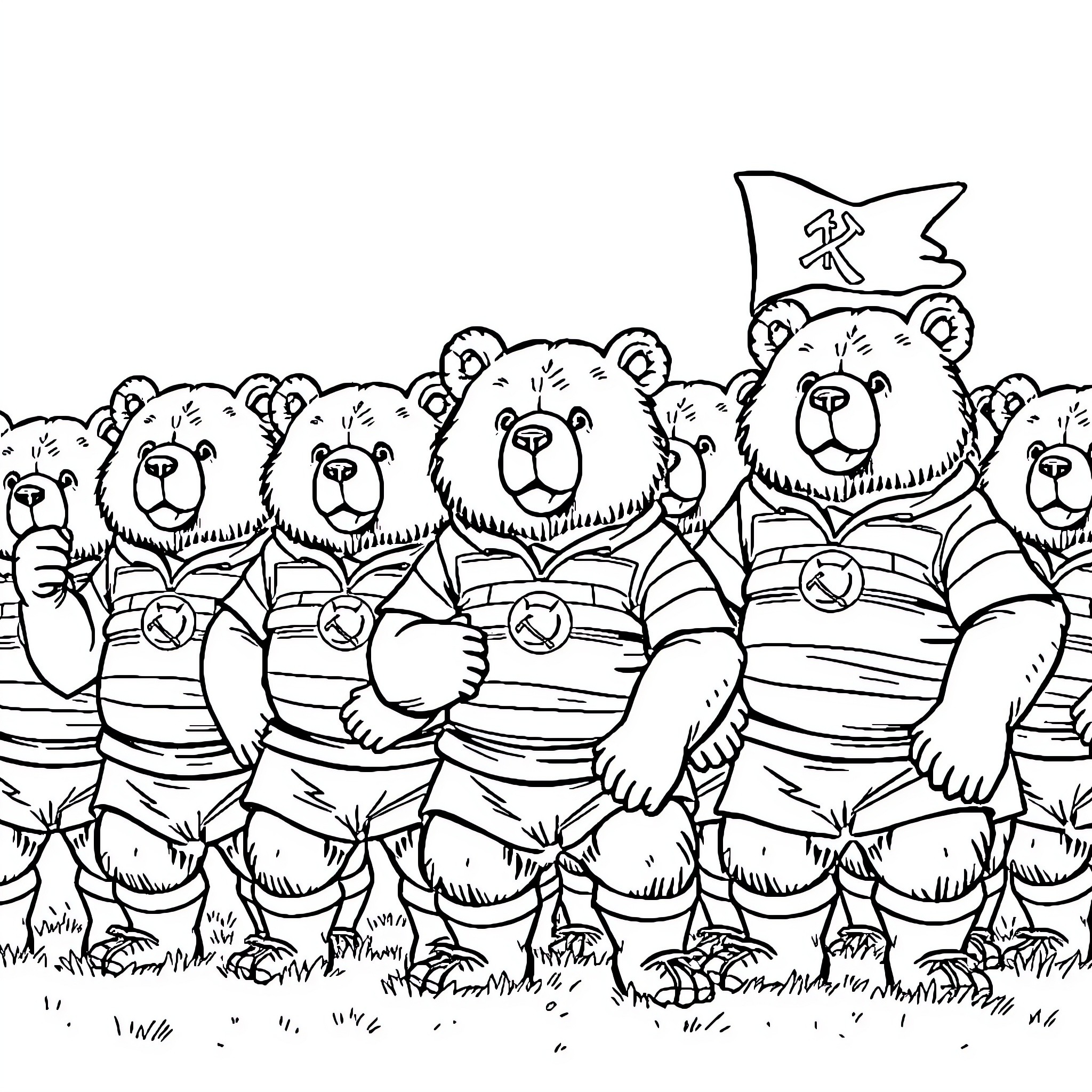 Bear marching with fellow bears in uniform Coloring Page (free black-and-white line drawing printable PDF for all, from beginners to advanced learners, including children, teens, adults, and seniors)