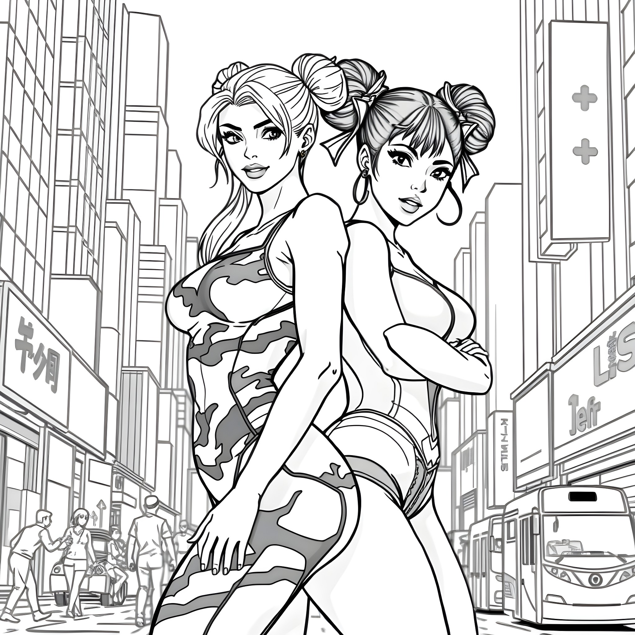 Cammy's Fashion Adventure in the City Coloring Page (free black-and-white line drawing printable PDF for all, from beginners to advanced learners, including children, teens, adults, and seniors)