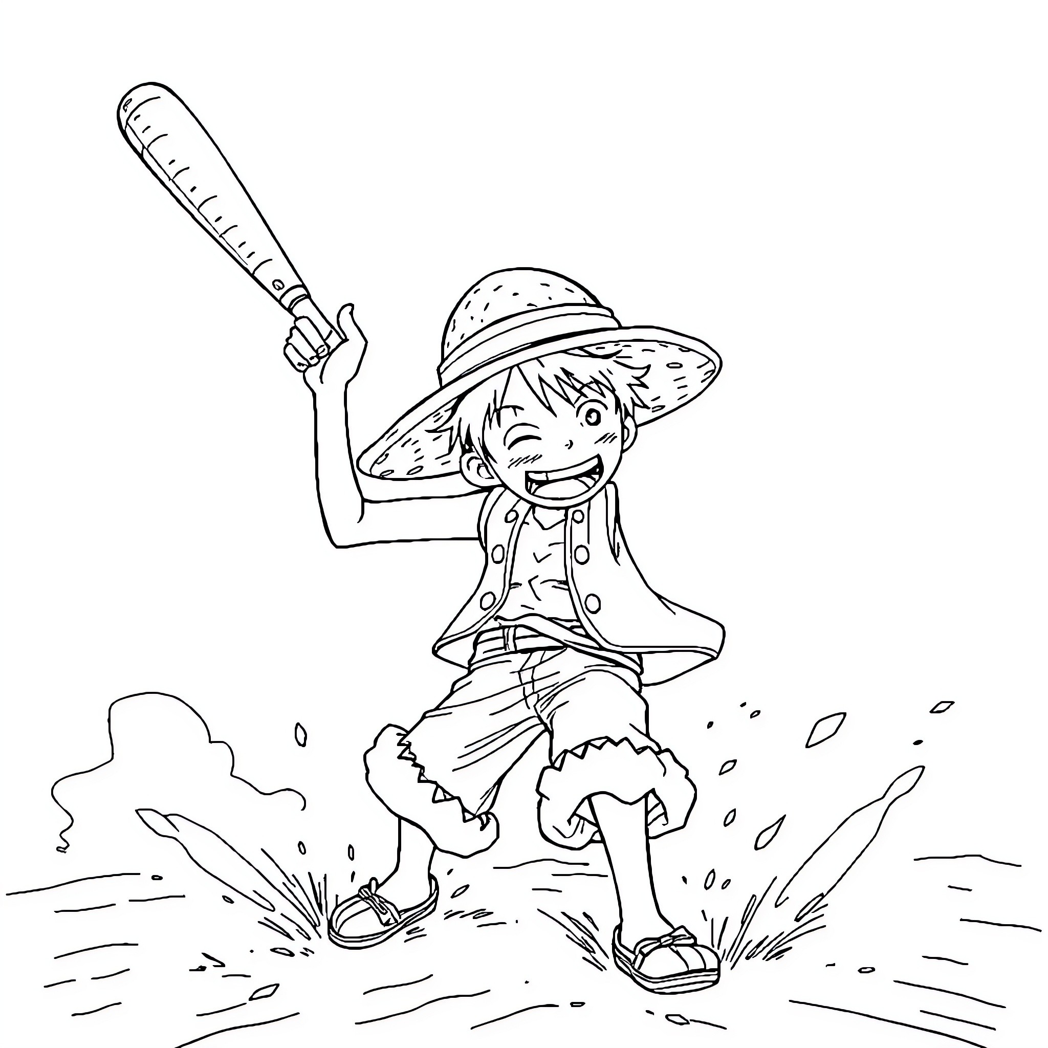 Luffy's Adventurous Exploration in the Outdoors Coloring Page (free black-and-white line drawing printable PDF for all, from beginners to advanced learners, including children, teens, adults, and seniors)