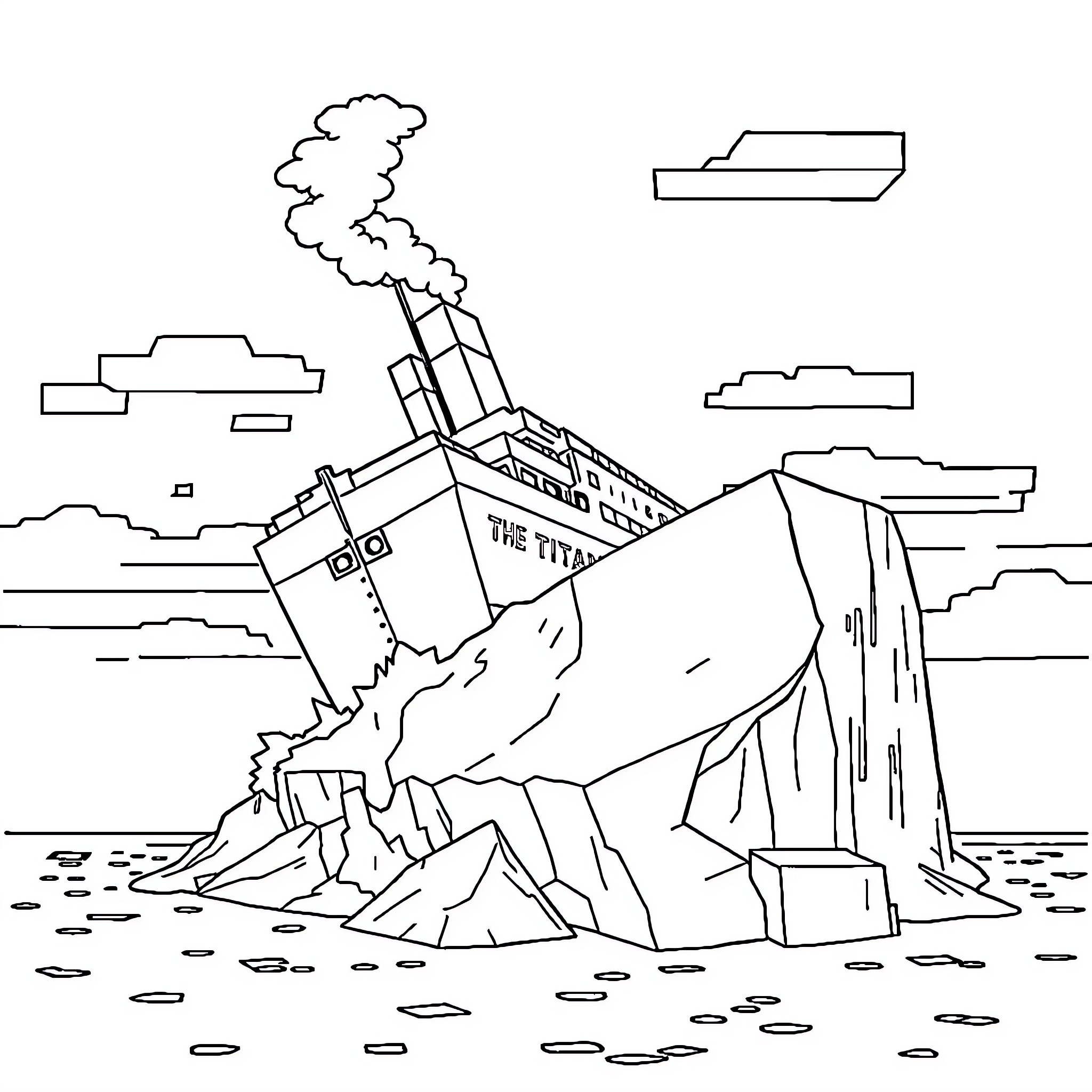 Titanic ship wreckage in the ocean Coloring Page (free black-and-white line drawing printable PDF for all, from beginners to advanced learners, including children, teens, adults, and seniors)