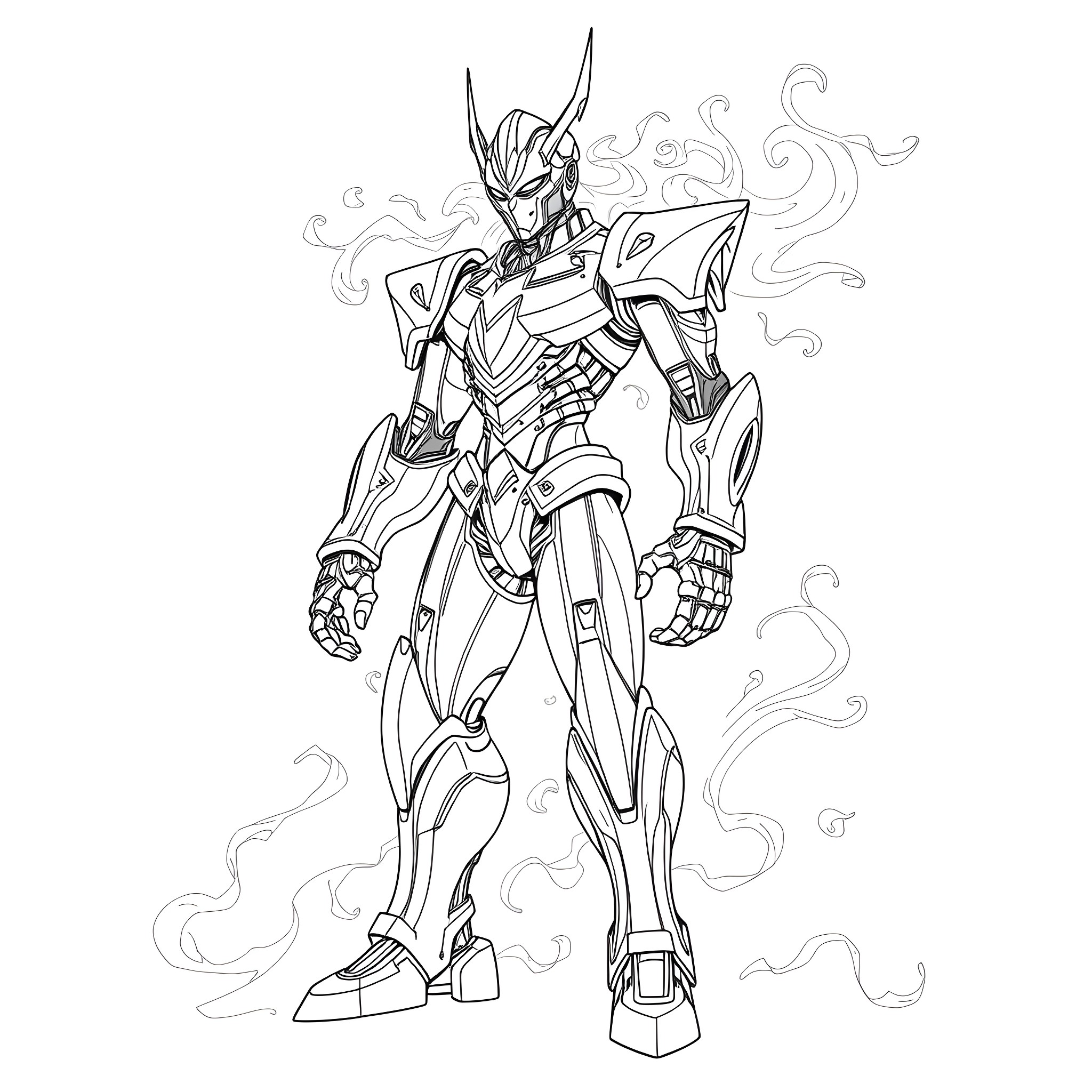 Mystallo - Futuristic Warrior in Dramatic Pose Coloring Page (free black-and-white line drawing printable PDF for all, from beginners to advanced learners, including children, teens, adults, and seniors)
