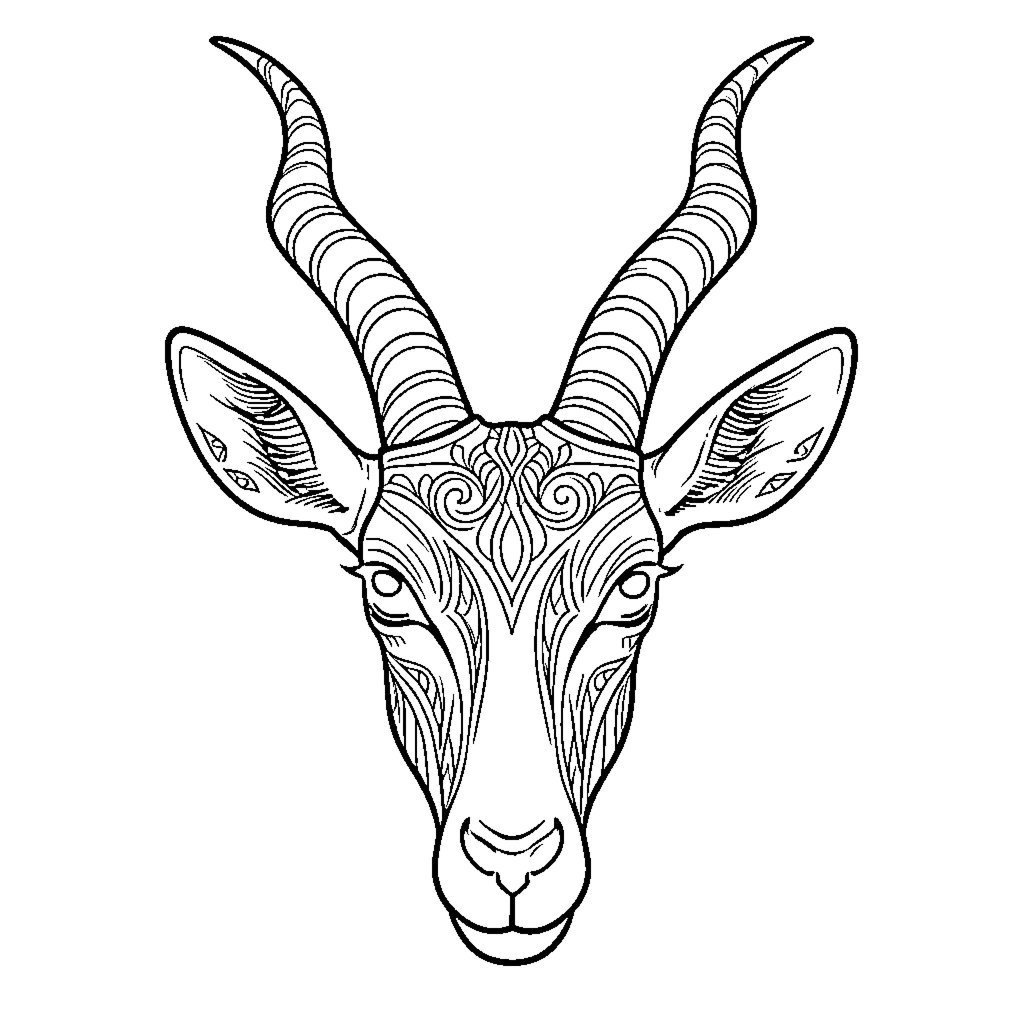Gazelle with intricate ornamental patterns Coloring Page (free black-and-white line drawing printable PDF for all, from beginners to advanced learners, including children, teens, adults, and seniors)