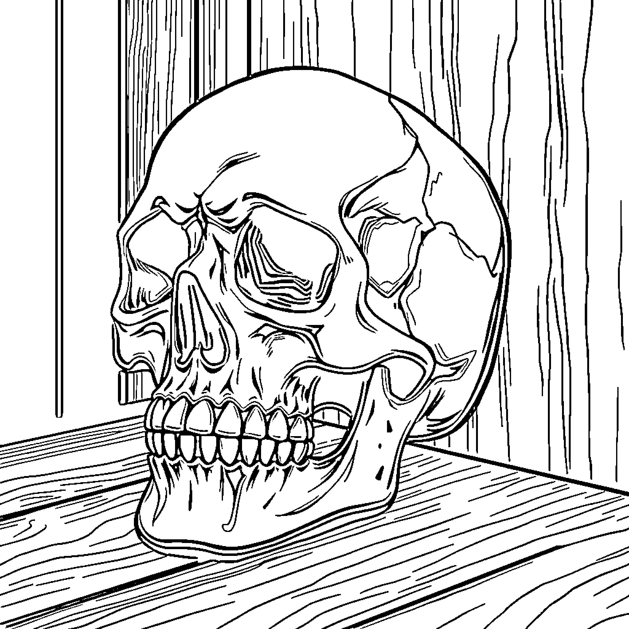 Skull Grinning against Wooden Backdrop Coloring Page (free black-and-white line drawing printable PDF for all, from beginners to advanced learners, including children, teens, adults, and seniors)