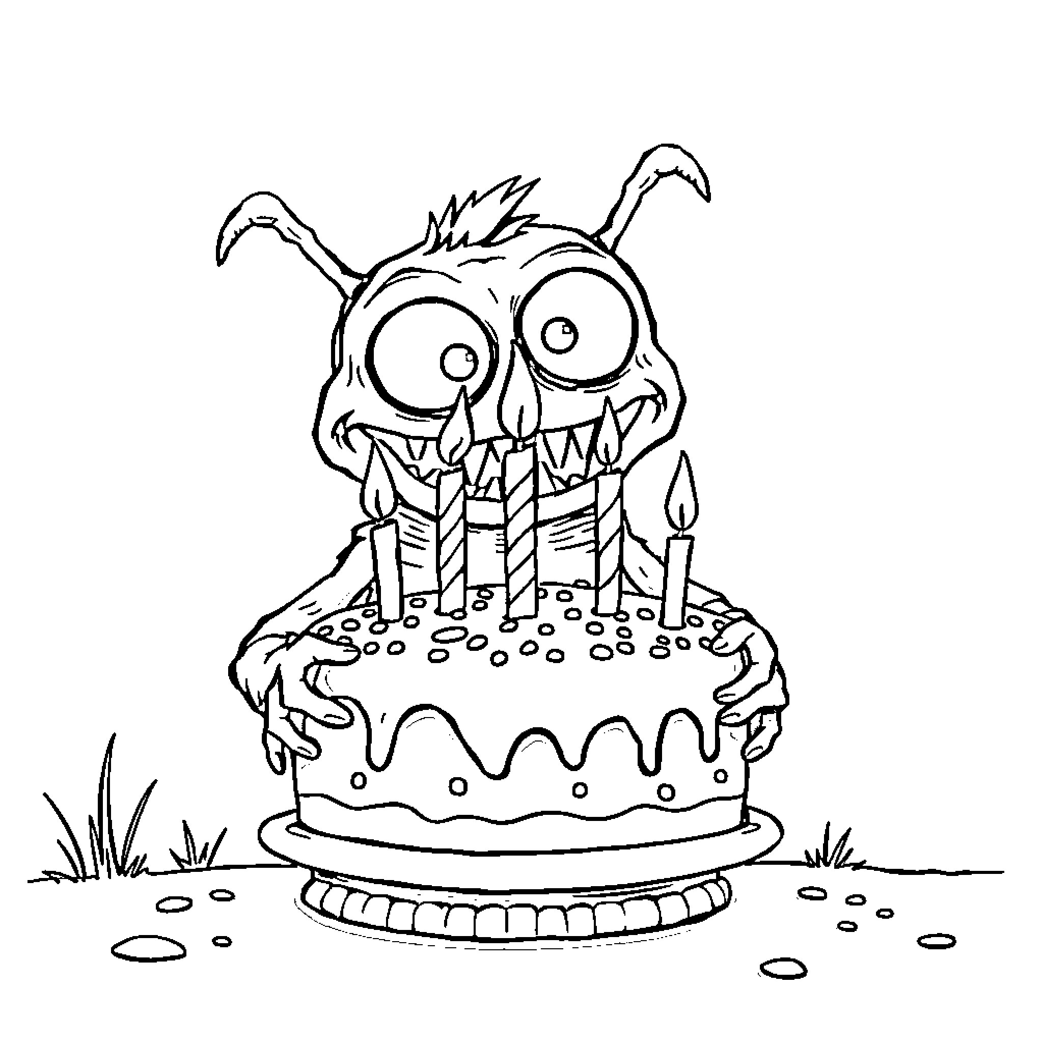 Jeepers Creepers Scary Monster's Birthday Cake Coloring Page (free black-and-white line drawing printable PDF for all, from beginners to advanced learners, including children, teens, adults, and seniors)