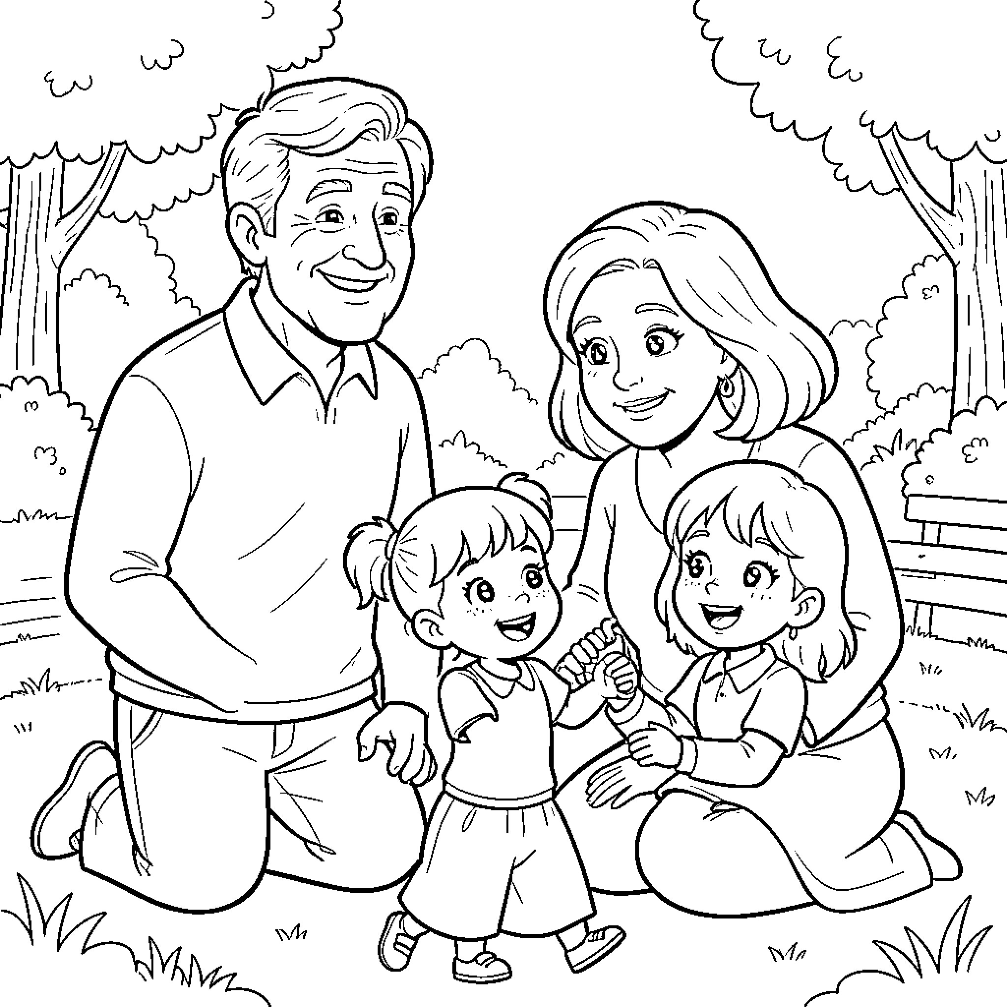 Grandparent's Joyful Family Moment Coloring Page (free black-and-white line drawing printable PDF for all, from beginners to advanced learners, including children, teens, adults, and seniors)