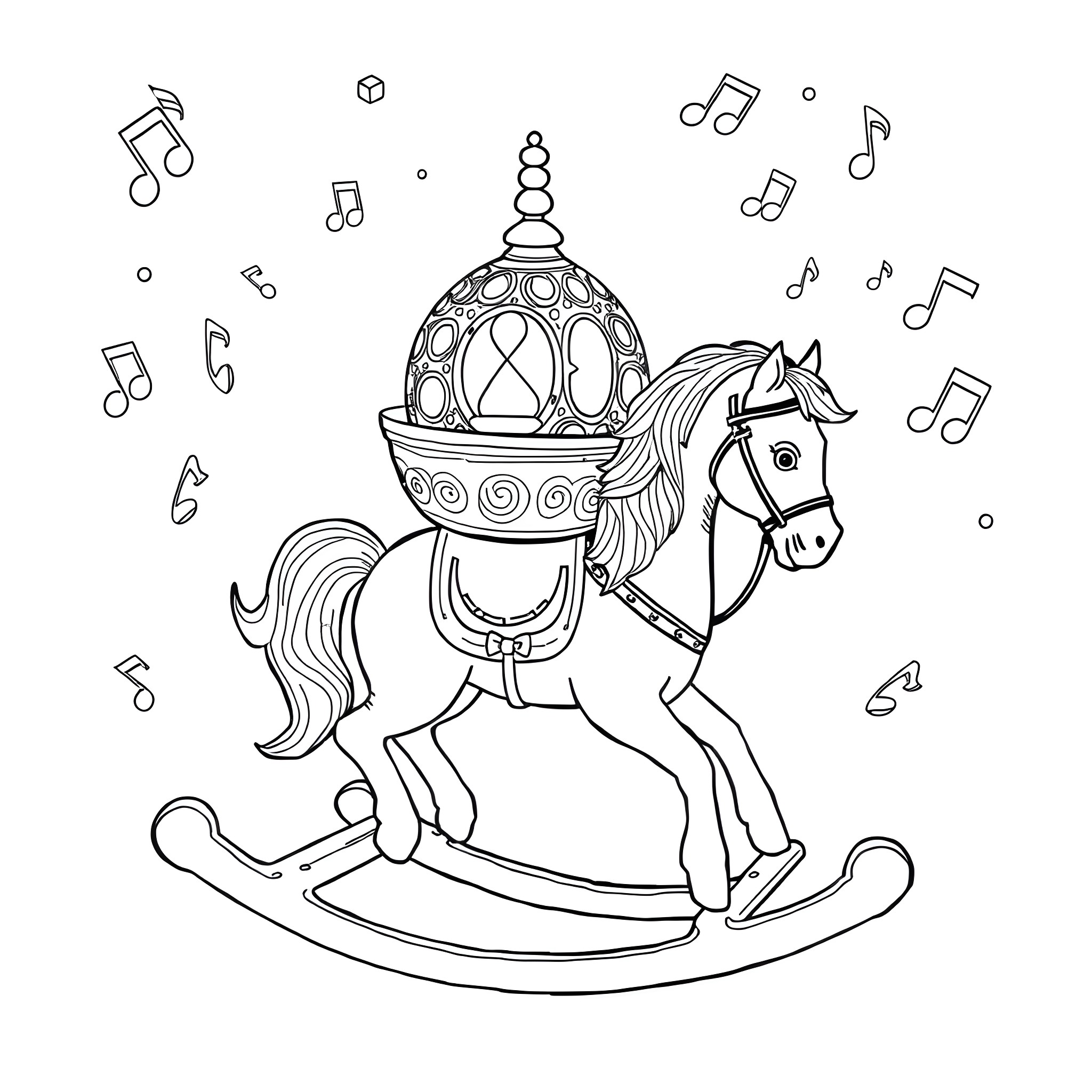 Vessel carrying musical notes on a rocking horse Coloring Page (free black-and-white line drawing printable PDF for all, from beginners to advanced learners, including children, teens, adults, and seniors)