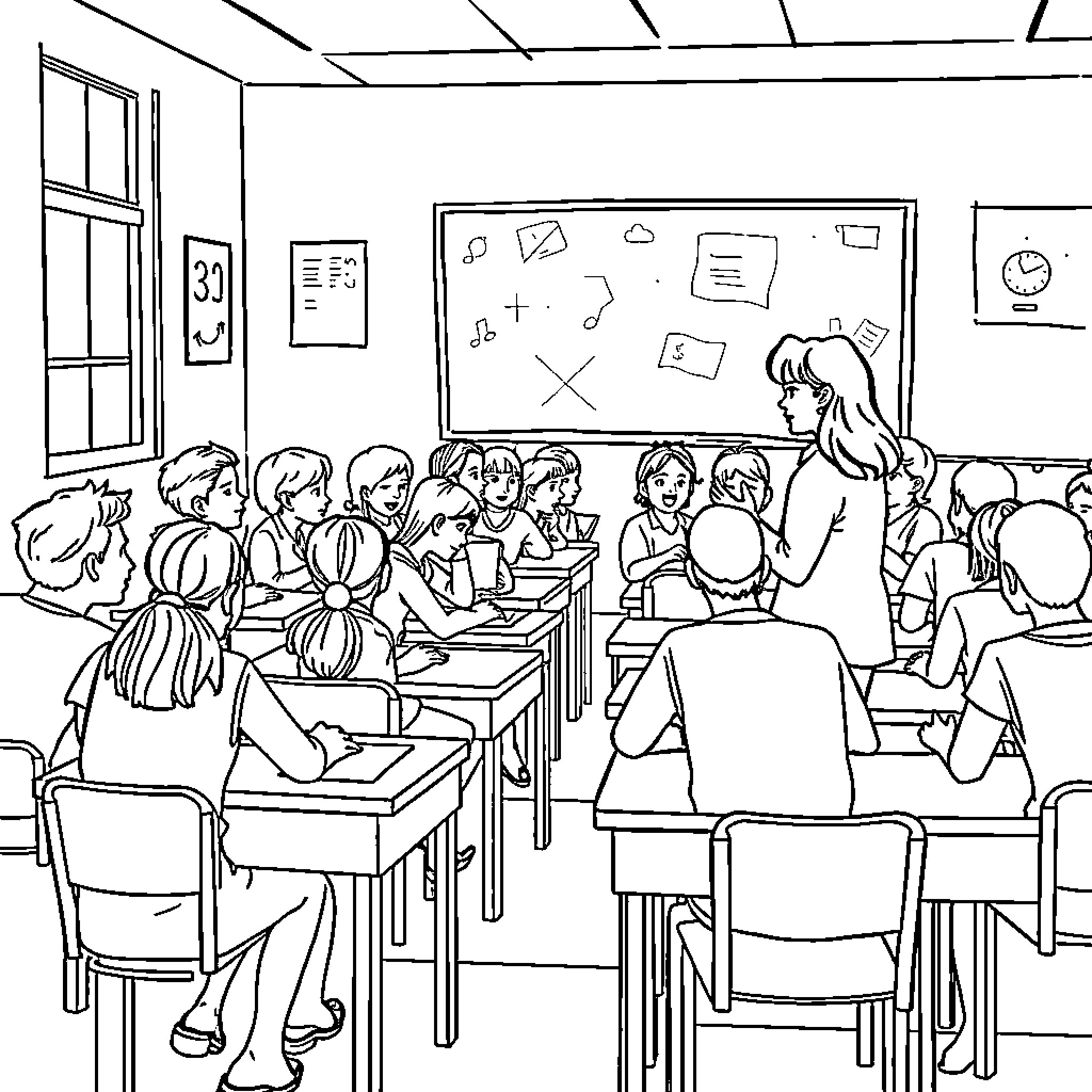 School classroom with students and teacher Coloring Page (free black-and-white line drawing printable PDF for all, from beginners to advanced learners, including children, teens, adults, and seniors)