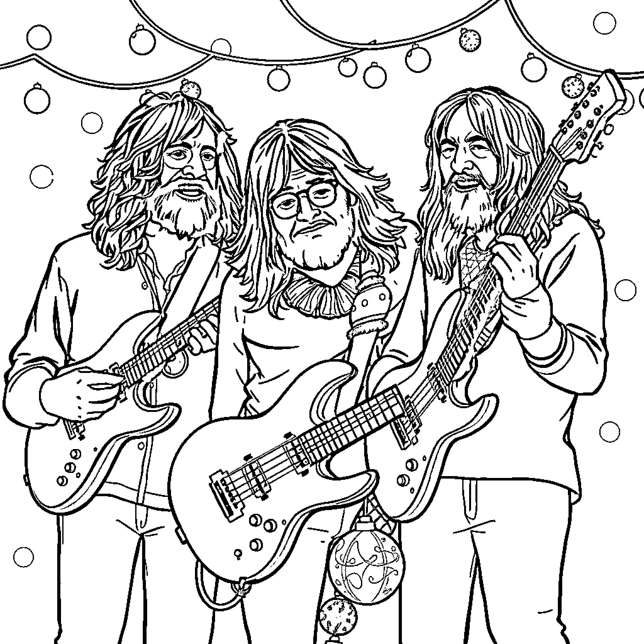 Band of musicians performing with guitars and festive lighting Coloring Page (free black-and-white line drawing printable PDF for all, from beginners to advanced learners, including children, teens, adults, and seniors)
