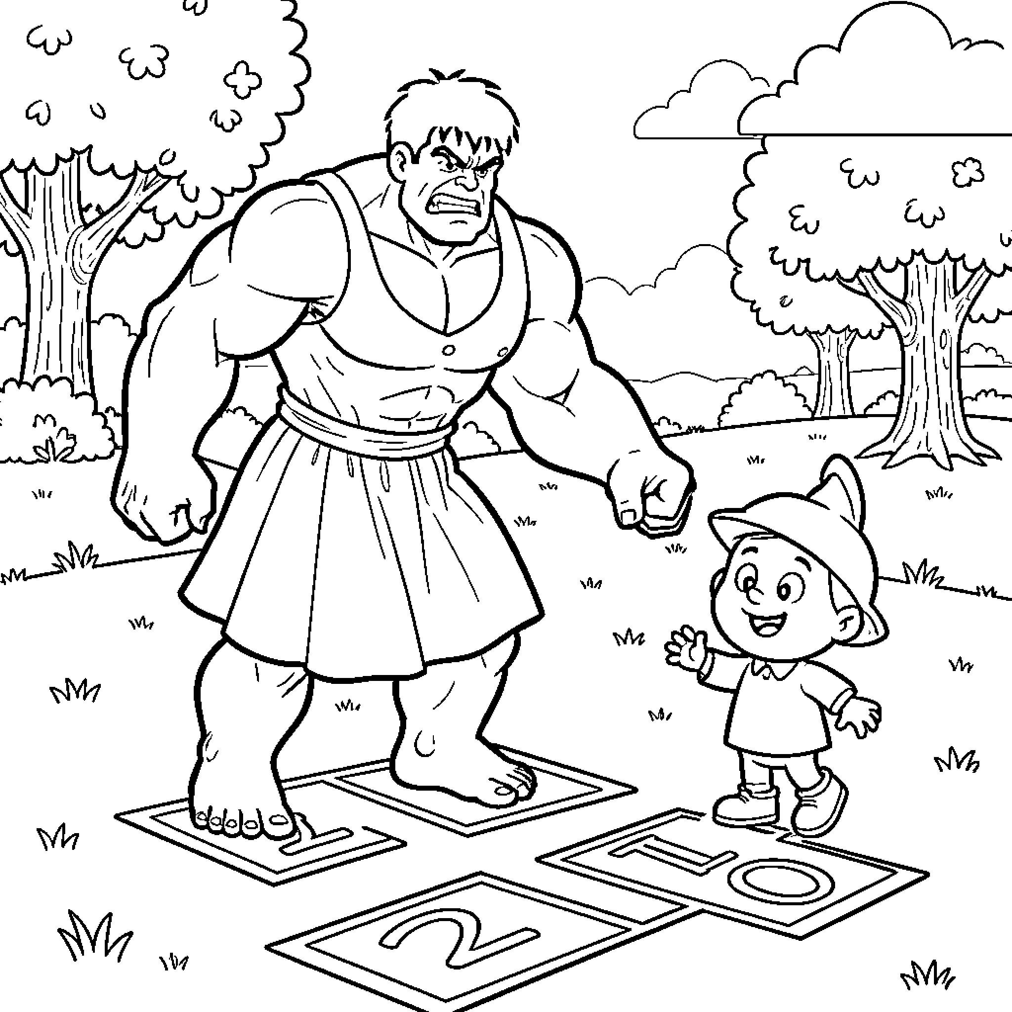 Hulk playing hopscotch with a small child outdoors Coloring Page (free black-and-white line drawing printable PDF for all, from beginners to advanced learners, including children, teens, adults, and seniors)