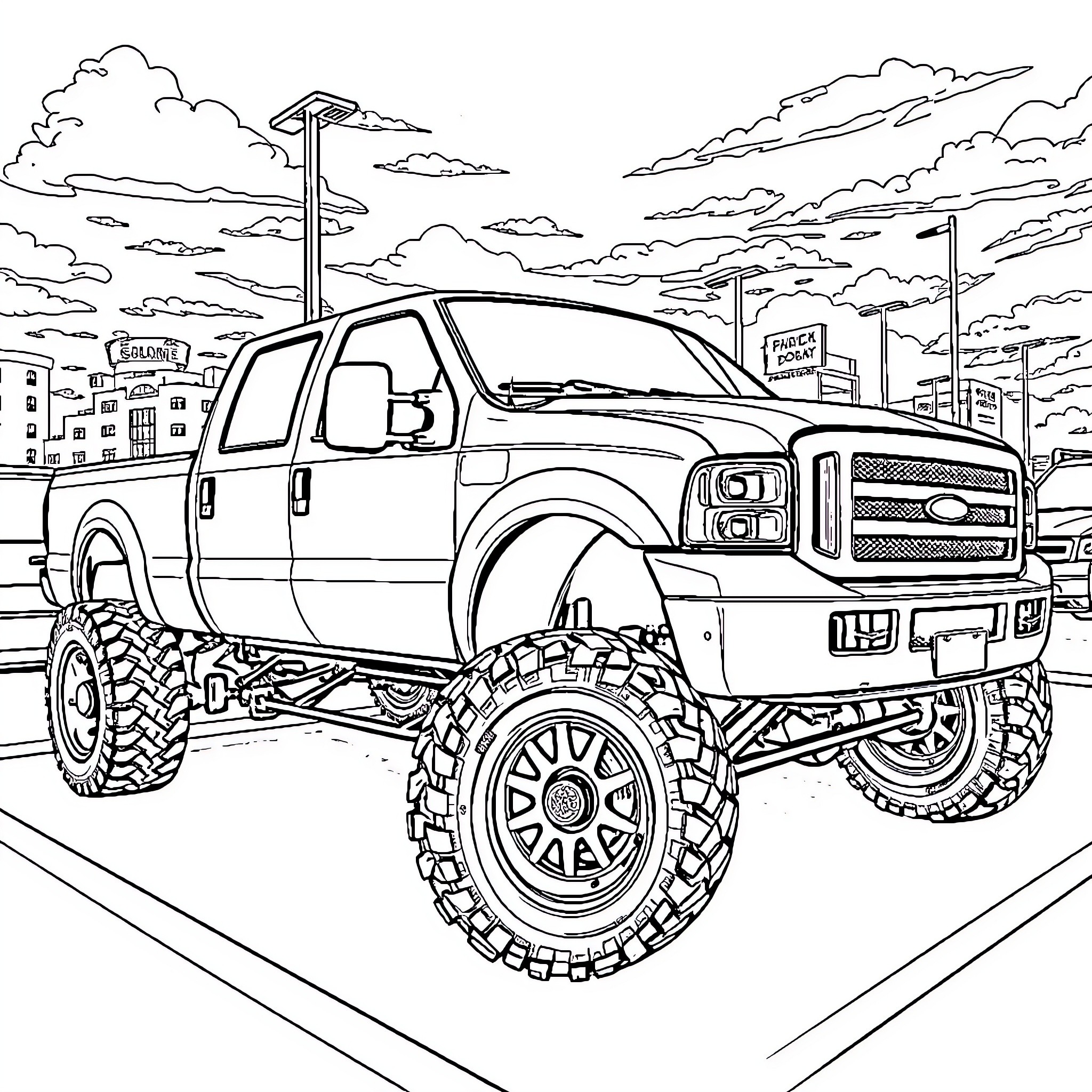 Truck on the city street with large tires Coloring Page (free black-and-white line drawing printable PDF for all, from beginners to advanced learners, including children, teens, adults, and seniors)