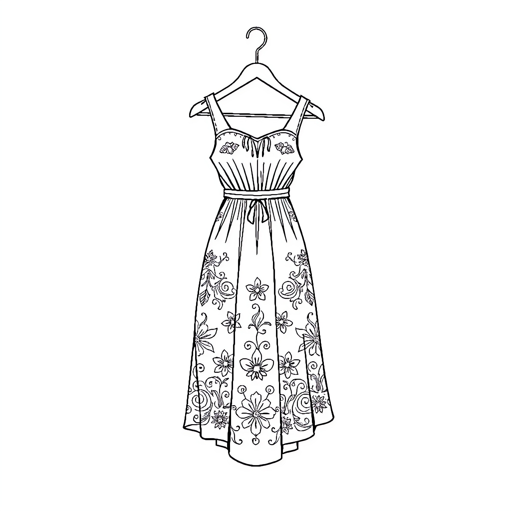 Dress with floral pattern and detail Coloring Page (free black-and-white line drawing printable PDF for all, from beginners to advanced learners, including children, teens, adults, and seniors)