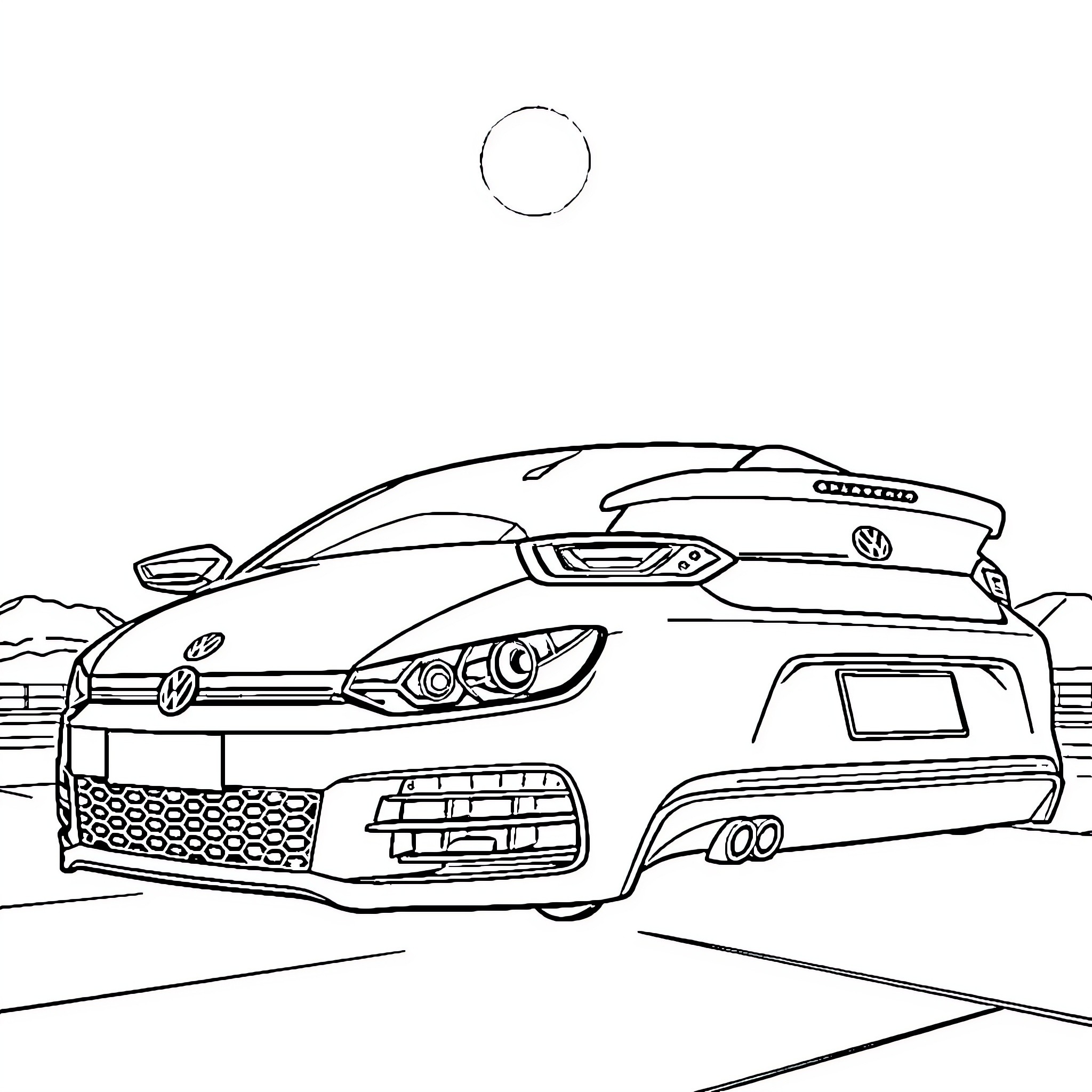 Volkswagen sports car on a road Coloring Page (free black-and-white line drawing printable PDF for all, from beginners to advanced learners, including children, teens, adults, and seniors)