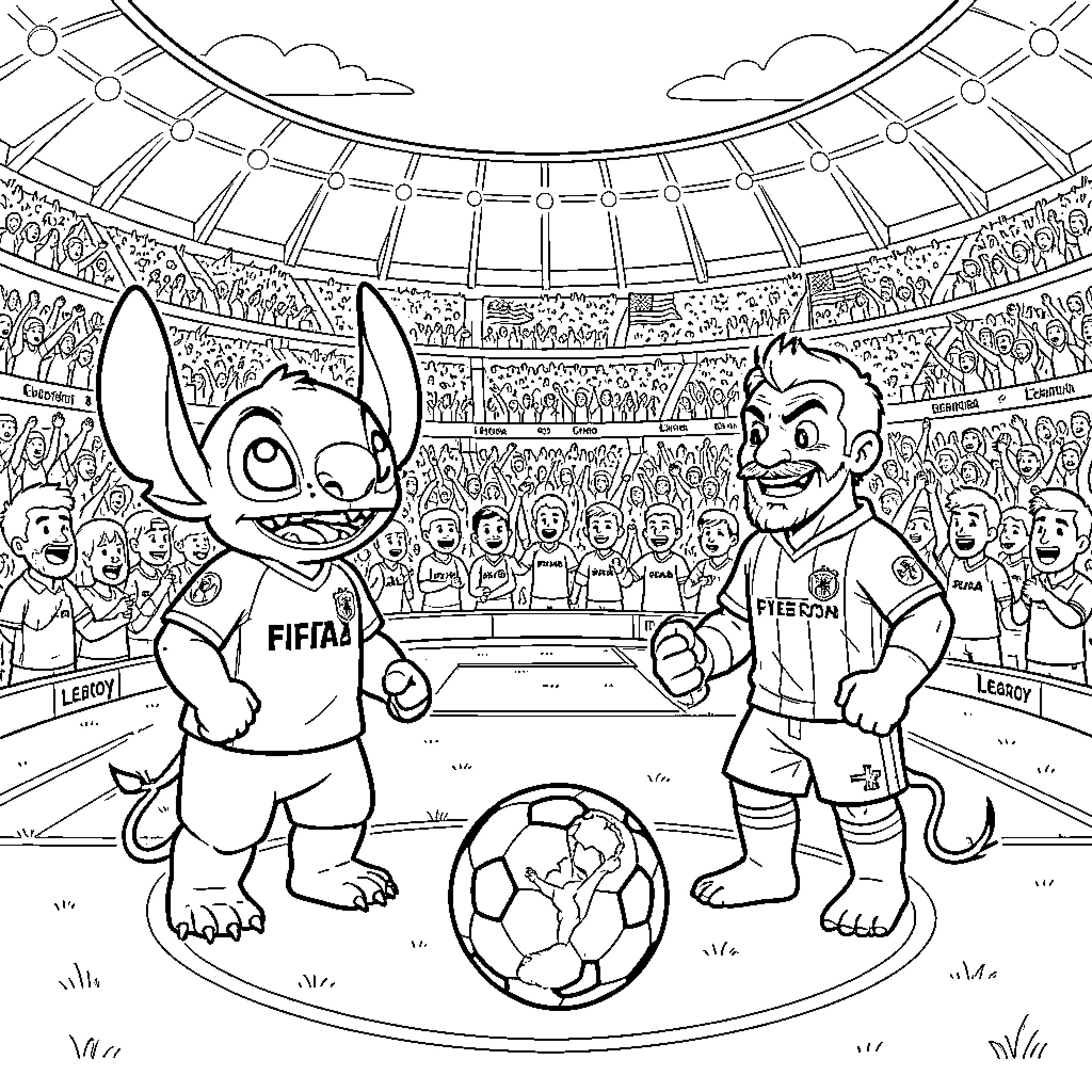 Stitch playing soccer in a crowded stadium Coloring Page (free black-and-white line drawing printable PDF for all, from beginners to advanced learners, including children, teens, adults, and seniors)