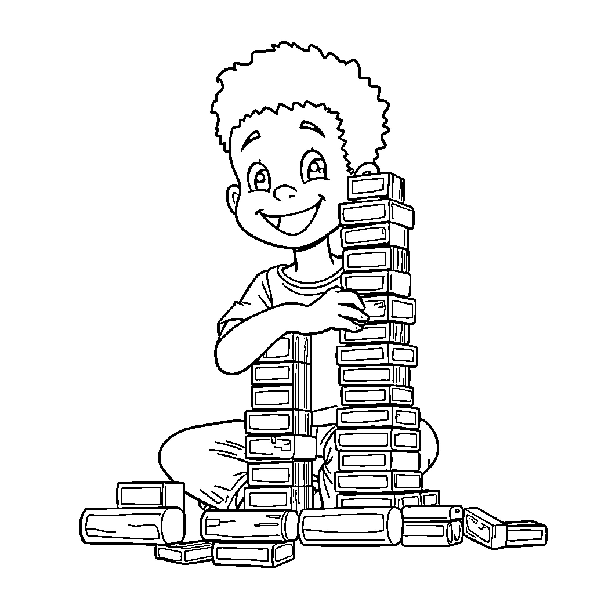 Boy happily building with blocks Coloring Page (free black-and-white line drawing printable PDF for all, from beginners to advanced learners, including children, teens, adults, and seniors)