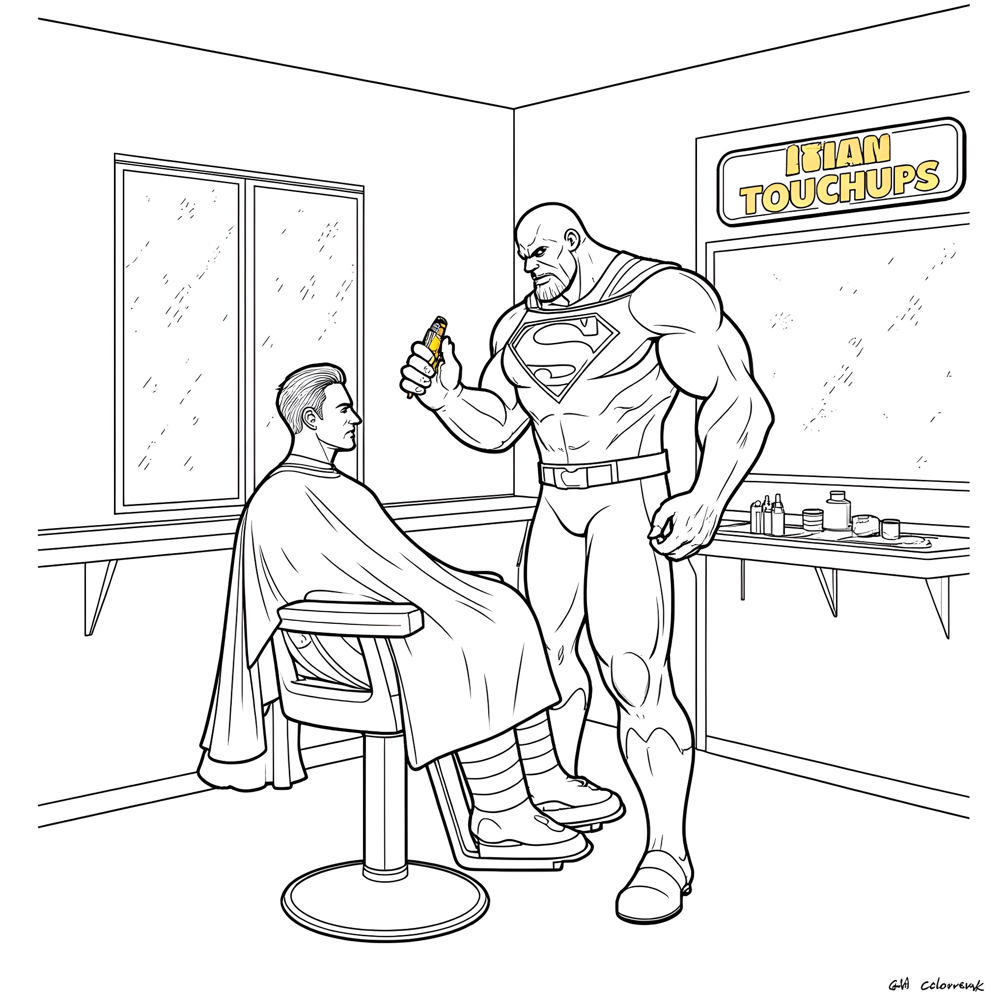 Superman assisting a man in a barbershop Coloring Page (free black-and-white line drawing printable PDF for all, from beginners to advanced learners, including children, teens, adults, and seniors)
