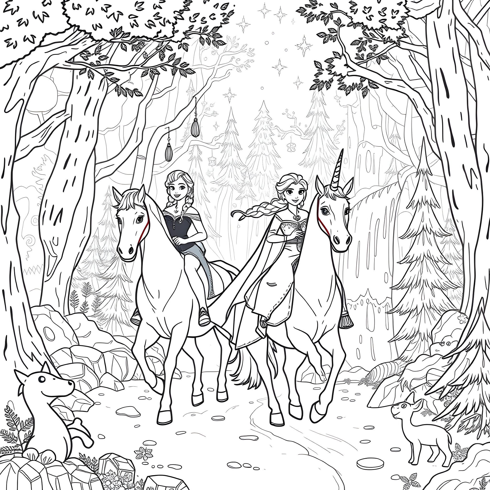 Unicorn girls riding through enchanted forest Coloring Page (free black-and-white line drawing printable PDF for all, from beginners to advanced learners, including children, teens, adults, and seniors)