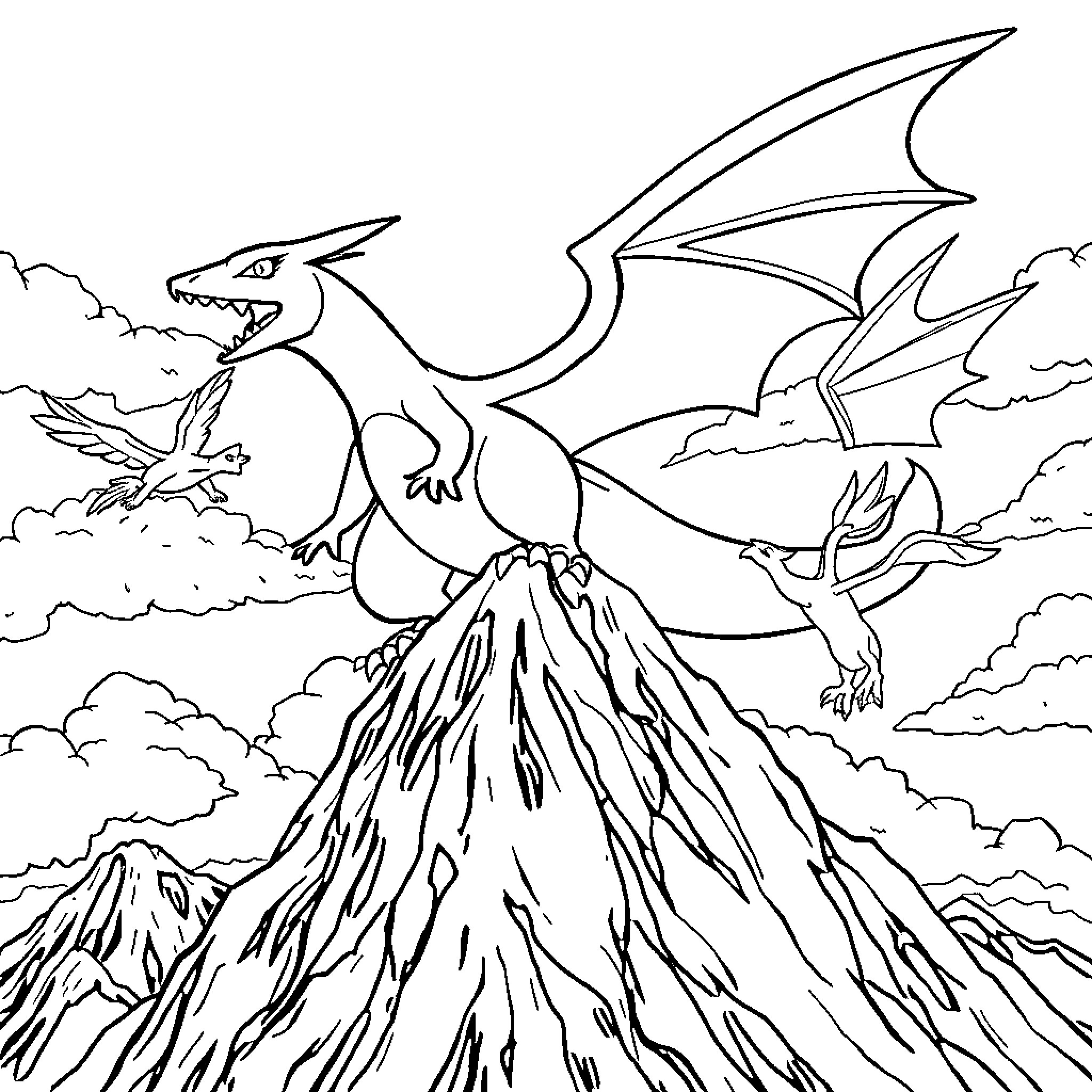 Charizard soaring over majestic mountains Coloring Page (free black-and-white line drawing printable PDF for all, from beginners to advanced learners, including children, teens, adults, and seniors)